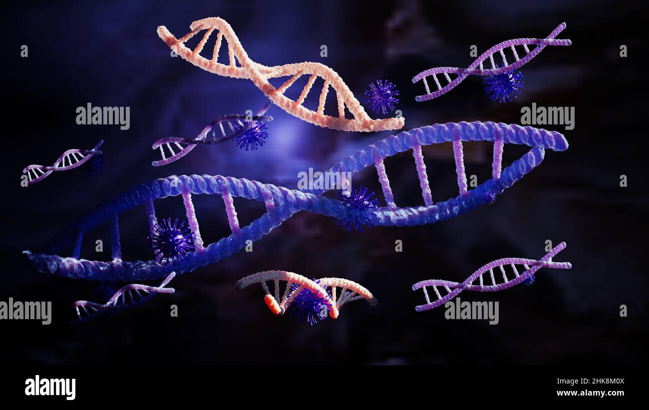 Infection du virus covid-19 à l'intérieur de l'ADN, coronavirus des maladies de grippe pandémique, en bleu Banque D'Images