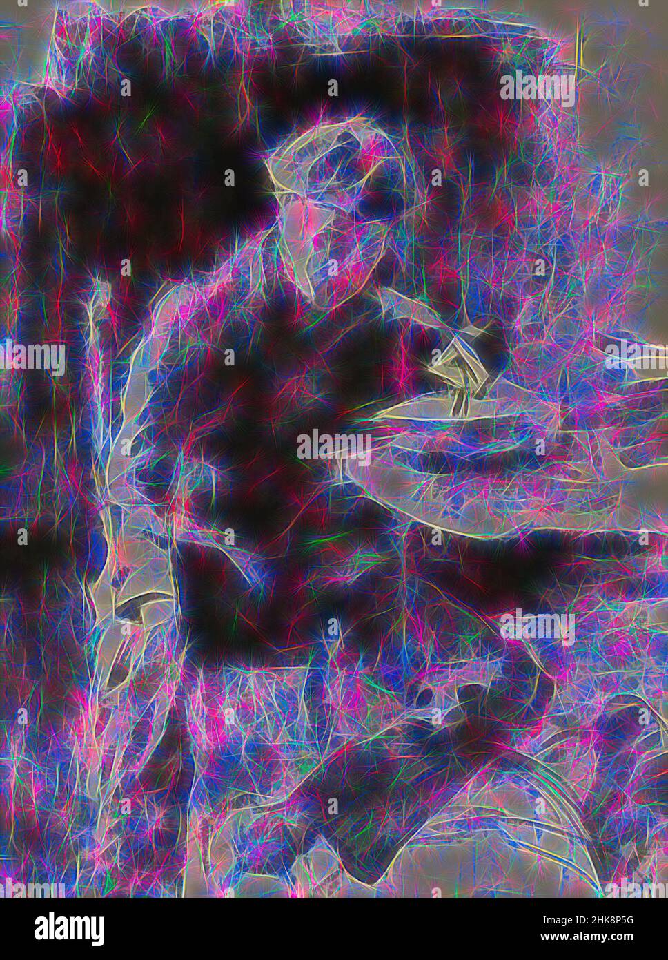 Inspiré par lui assis à la table, un chien est couché près de sa jambe gauche. Manger garçon paysan, Ewijckshoeve, province d'Utrecht, pays-Bas, réimaginé par Artotop. L'art classique réinventé avec une touche moderne. Conception de lumière chaleureuse et gaie, de luminosité et de rayonnement de lumière. La photographie s'inspire du surréalisme et du futurisme, embrassant l'énergie dynamique de la technologie moderne, du mouvement, de la vitesse et révolutionne la culture Banque D'Images