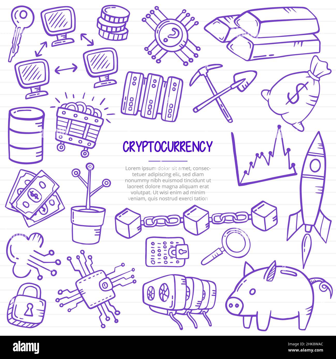 concept de technologie de crypto-monnaie avec style doodle pour modèle de bannières, prospectus, livres et illustration vectorielle de couverture de magazine Banque D'Images