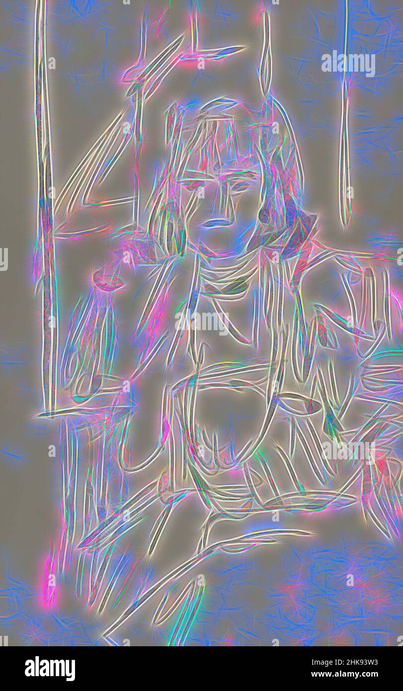 Inspirée par son coude droit, elle repose sur la main courante du siège. Femme assise à Paris, revisitée par Artotop. L'art classique réinventé avec une touche moderne. Conception de lumière chaleureuse et gaie, de luminosité et de rayonnement de lumière. La photographie s'inspire du surréalisme et du futurisme, embrassant l'énergie dynamique de la technologie moderne, du mouvement, de la vitesse et révolutionne la culture Banque D'Images