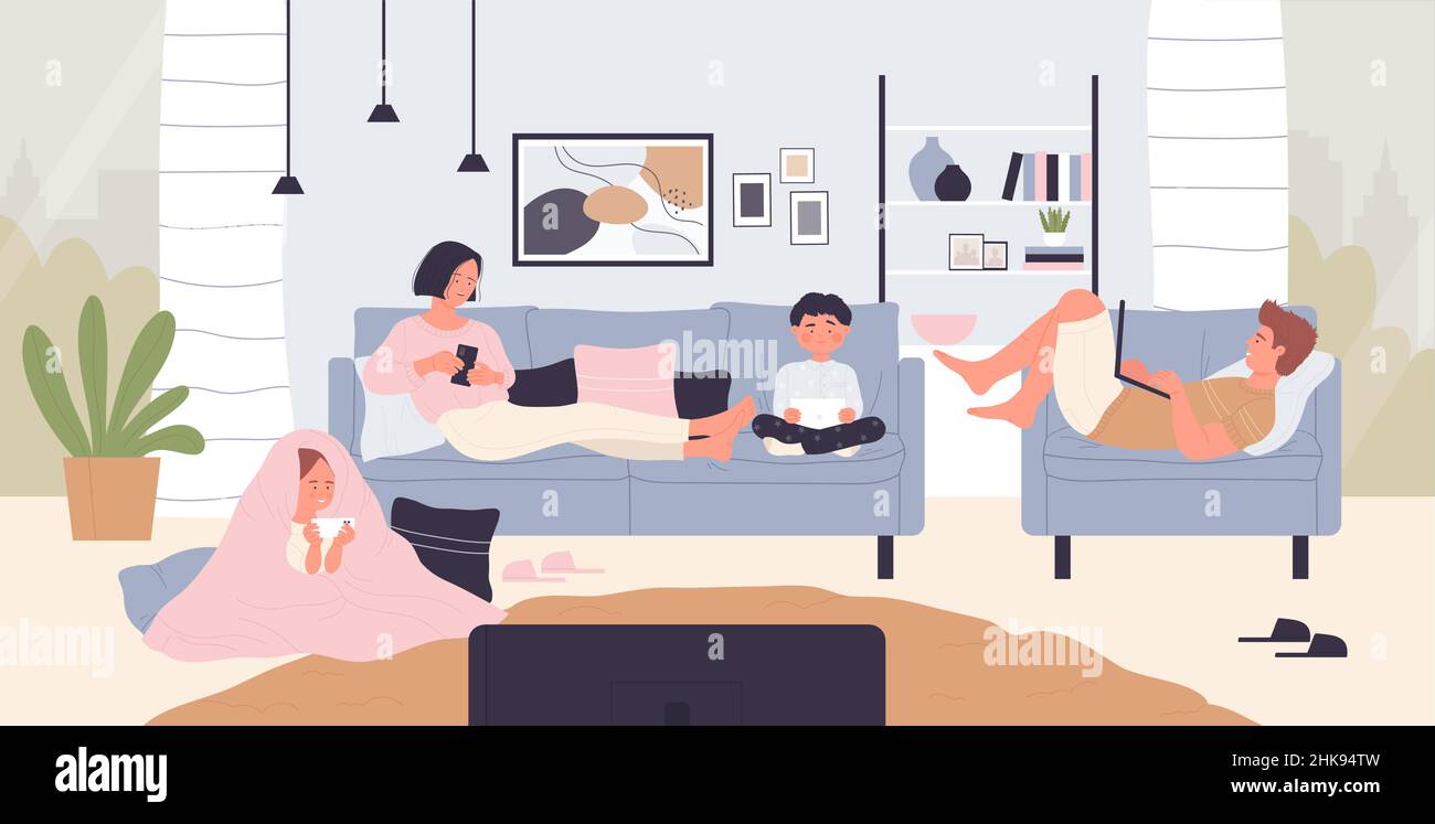 Famille moderne avec gadgets illustration vectorielle.Dessin animé mère et père, fils et fille assis ensemble dans le salon intérieur, à l'aide d'un ordinateur portable, smartphone et tablette.Internet addiction concept Illustration de Vecteur