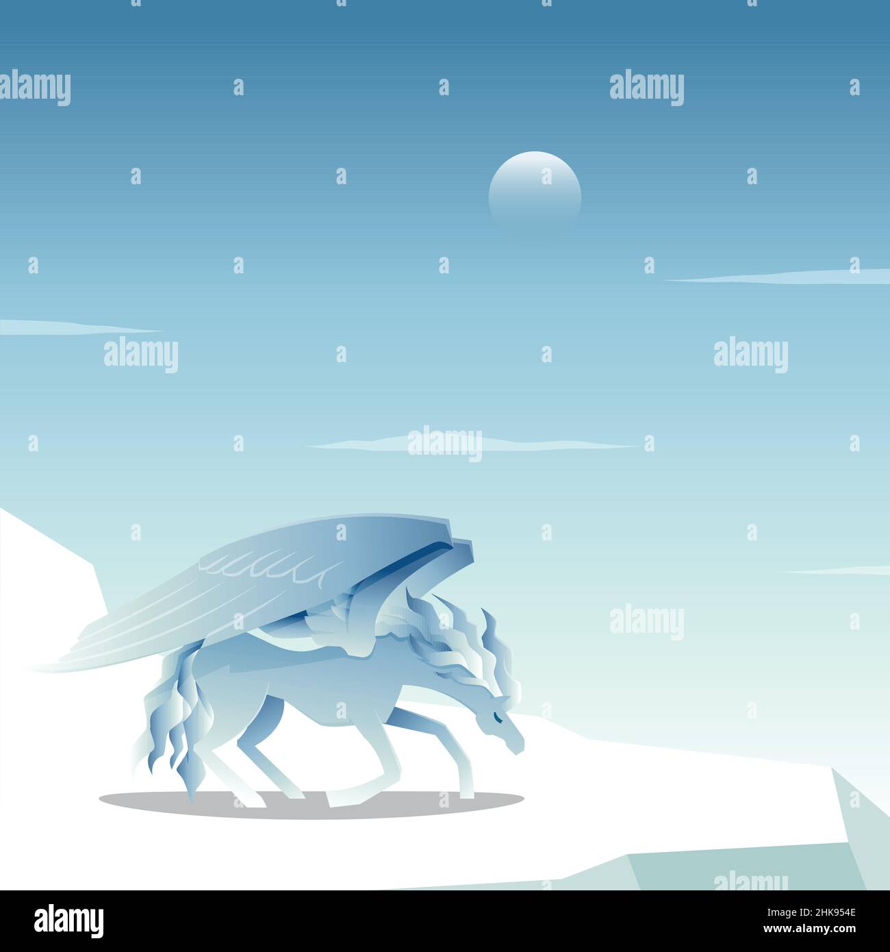 Belle Pegasus Winged Horse s'agenouille sur glace gelée neige Cool Epic Illustration Illustration de Vecteur