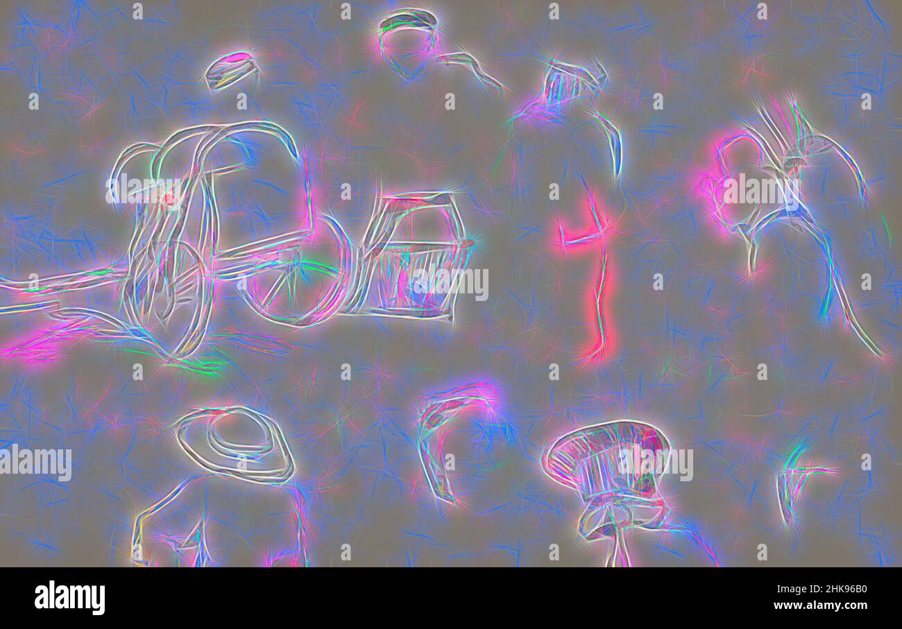 Inspiré par les hommes et les femmes avec des coiffures dans différentes poses. En haut à gauche d'un chariot. Dessin réalisé dans le Veluwe et dans le nord de l'Allemagne, Figures avec des headadresses et un chariot. Pays-Bas, repensé par Artotop. L'art classique réinventé avec une touche moderne. Conception de lumière chaleureuse et gaie, de luminosité et de rayonnement de lumière. La photographie s'inspire du surréalisme et du futurisme, embrassant l'énergie dynamique de la technologie moderne, du mouvement, de la vitesse et révolutionne la culture Banque D'Images