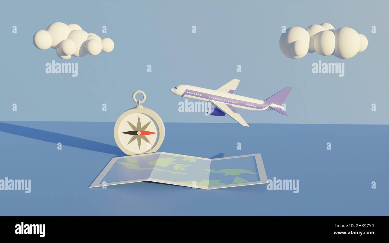 voyage de vacances avec avion avec de grandes cartes et boussole .3d rendu d'illustration Banque D'Images voyage de vacances avec avion avec de grandes cartes et boussole .3d rendu d'illustration Banque D'Images