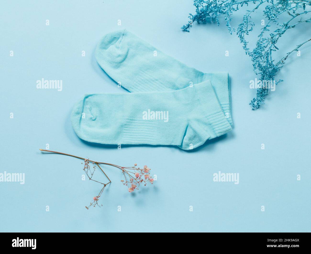 Paire de chaussettes bleues pour femmes et branches décoratives, vue du dessus. Banque D'Images