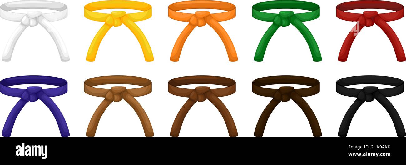 Placer la courroie de karaté isolée sur fond blanc.Design emblématique de l'art martial japonais dans un style plat.Classez le système dans différentes couleurs.Illustration vectorielle. Illustration de Vecteur