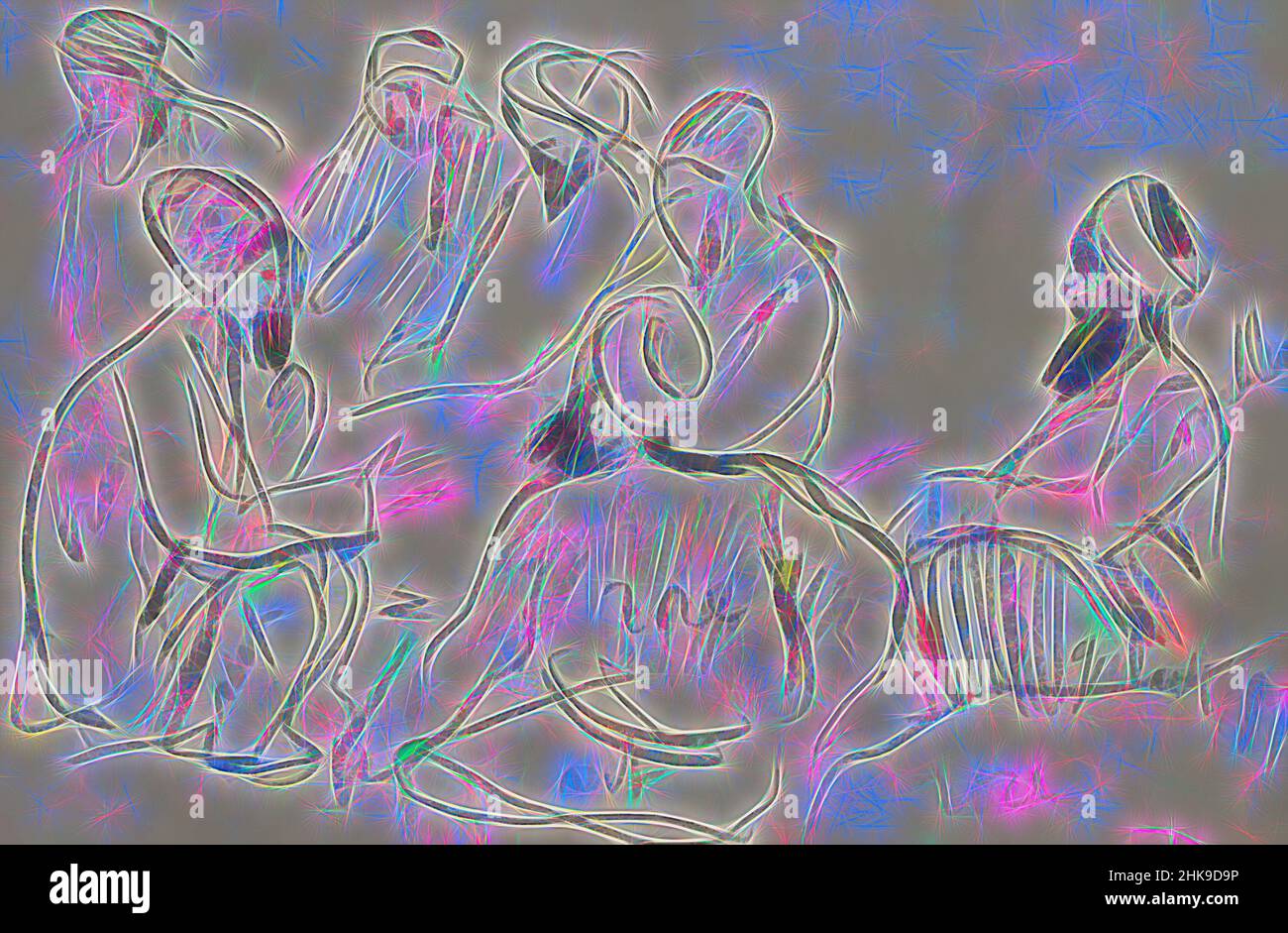 Inspiré par les hommes sont dans un demi-cercle et peut-être parler. Assis orientaux dinde, réimaginé par Artotop. L'art classique réinventé avec une touche moderne. Conception de lumière chaleureuse et gaie, de luminosité et de rayonnement de lumière. La photographie s'inspire du surréalisme et du futurisme, embrassant l'énergie dynamique de la technologie moderne, du mouvement, de la vitesse et révolutionne la culture Banque D'Images