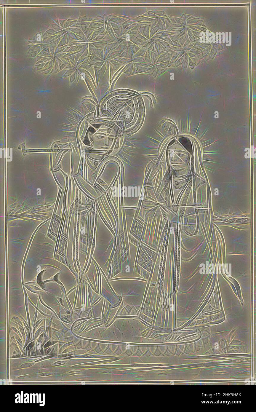 Inspiré par Krishna, jouant une flûte, et Radha, Krishna et Radha sont debout ensemble sur un tapis de lotus par un arbre, Krishna jouant sa flûte et regardant en arrière Radha qui le regarde de derrière son voile; Une vache léche les pieds de Krishna, rapporteur pour avis:, Jaipur, 1800 - 1899, papier, Pinceau, repensé par Artotop. L'art classique réinventé avec une touche moderne. Conception de lumière chaleureuse et gaie, de luminosité et de rayonnement de lumière. La photographie s'inspire du surréalisme et du futurisme, embrassant l'énergie dynamique de la technologie moderne, du mouvement, de la vitesse et révolutionne la culture Banque D'Images