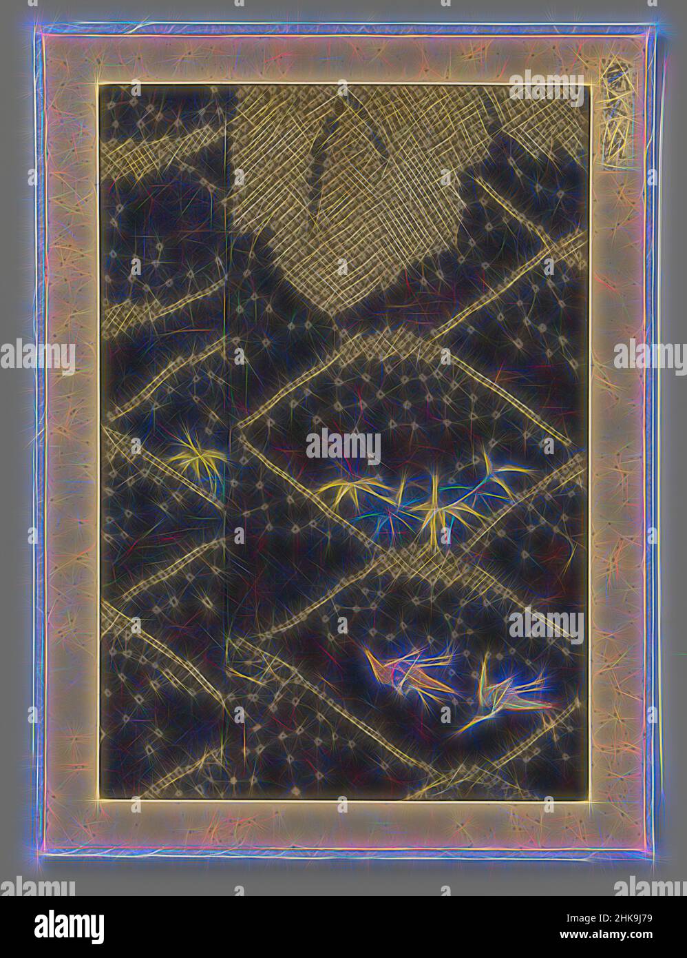 Inspiré par textile fragment, textile fragment, motifs géométriques et broderie sur soie noire Damas., Japon, 1624 - 1643, soie, hauteur 29,4 cm × largeur 20 cm, repensé par Artotop. L'art classique réinventé avec une touche moderne. Conception de lumière chaleureuse et gaie, de luminosité et de rayonnement de lumière. La photographie s'inspire du surréalisme et du futurisme, embrassant l'énergie dynamique de la technologie moderne, du mouvement, de la vitesse et révolutionne la culture Banque D'Images