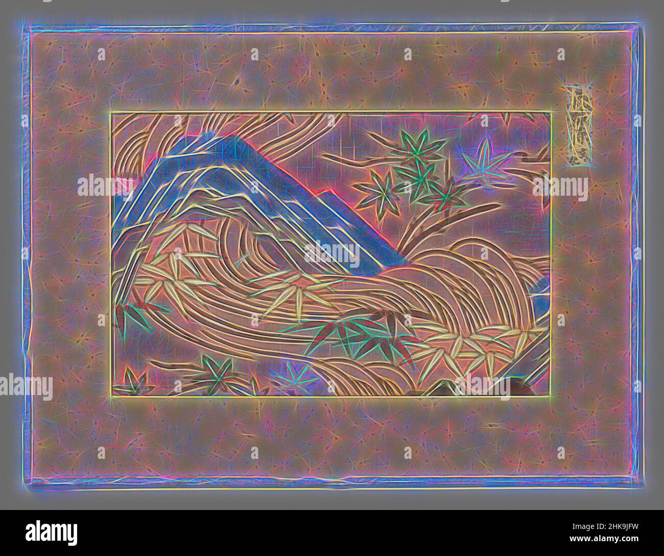 Inspiré par textile fragment, textile fragment, impression de paysage de montagne avec feuilles d'automne et bambou sur fond rose., Japon, 1804 - 1818, soie, hauteur 15,7 cm × largeur 24,3 cm, réimaginé par Artotop. L'art classique réinventé avec une touche moderne. Conception de lumière chaleureuse et gaie, de luminosité et de rayonnement de lumière. La photographie s'inspire du surréalisme et du futurisme, embrassant l'énergie dynamique de la technologie moderne, du mouvement, de la vitesse et révolutionne la culture Banque D'Images