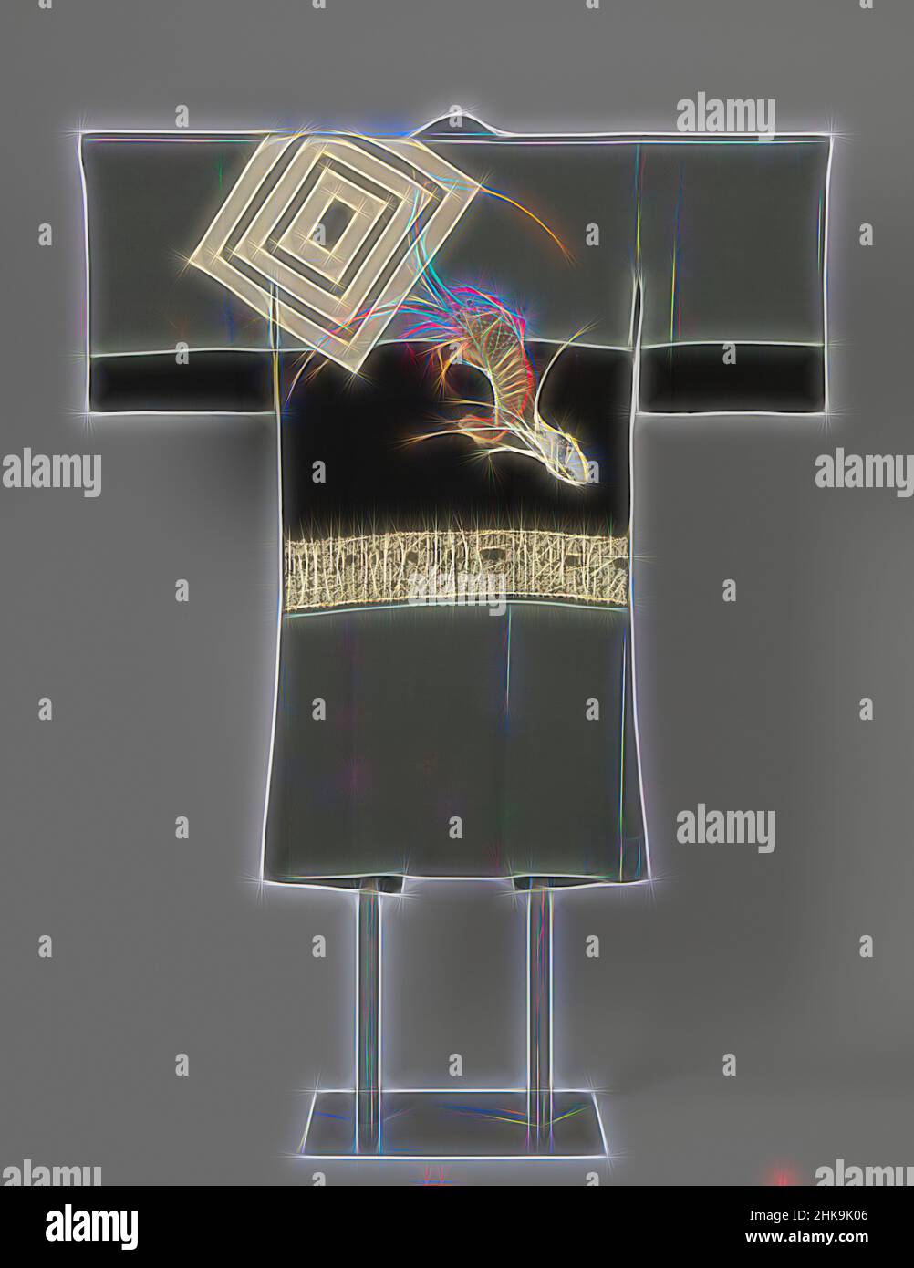 Inspiré par le sous-kimono de l'homme, le sous-kimono (nagajuban) pour et l'homme avec une décoration d'un grand écusson familial (mon) de trois quadrangles, un homard émergeant de son bol et une bande horizontale de noms calligraphiques au bas d'une bande horizontale noire plus large, sur fond vert. Fabriqué sur, repensé par Artotop. L'art classique réinventé avec une touche moderne. Conception de lumière chaleureuse et gaie, de luminosité et de rayonnement de lumière. La photographie s'inspire du surréalisme et du futurisme, embrassant l'énergie dynamique de la technologie moderne, du mouvement, de la vitesse et révolutionne la culture Banque D'Images