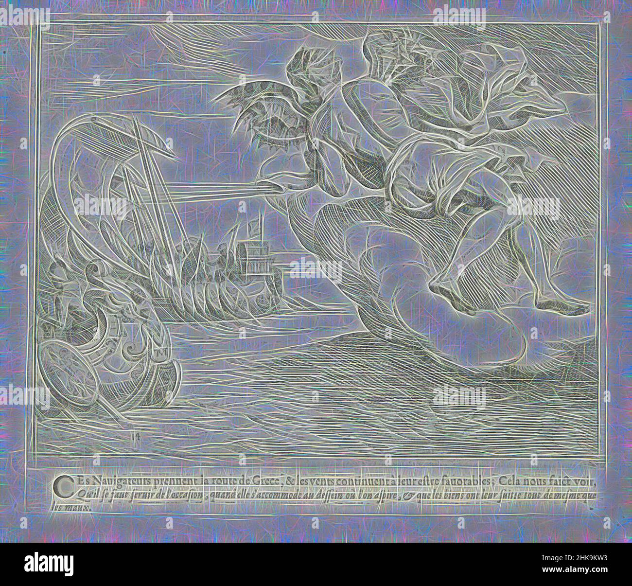 Inspiré par Zephyrus fait avancer le navire d'Odysseus, les travaux d'Ulysse, les œuvres d'Odysseus, Zephyrus, le dieu du vent de l'ouest, fait avancer les navires d'Odysseus. L'imprimé fait partie d'un album., imprimeur: Theodoor van Thulden, dessinateur intermédiaire: Theodoor van Thulden, Paris, 1633, papier, réimaginé par Artotop. L'art classique réinventé avec une touche moderne. Conception de lumière chaleureuse et gaie, de luminosité et de rayonnement de lumière. La photographie s'inspire du surréalisme et du futurisme, embrassant l'énergie dynamique de la technologie moderne, du mouvement, de la vitesse et révolutionne la culture Banque D'Images