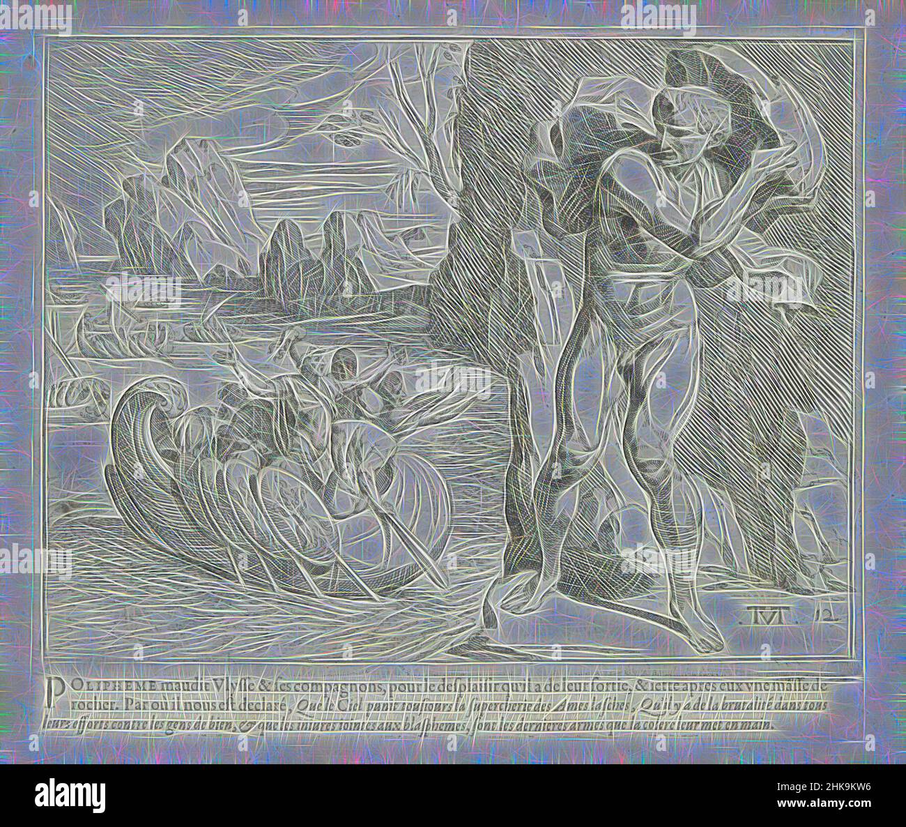 Inspiré par Polyphemus jette un rocher sur le navire d'Odysseus, les travaux d'Ulysse, les œuvres d'Odysseus, le géant Polyphemus jette un rocher sur le navire de départ d'Odysseus. L'imprimé fait partie d'un album., imprimeur: Theodoor van Thulden, dessinateur intermédiaire: Theodoor van Thulden, Paris, 1633, papier, réimaginé par Artotop. L'art classique réinventé avec une touche moderne. Conception de lumière chaleureuse et gaie, de luminosité et de rayonnement de lumière. La photographie s'inspire du surréalisme et du futurisme, embrassant l'énergie dynamique de la technologie moderne, du mouvement, de la vitesse et révolutionne la culture Banque D'Images
