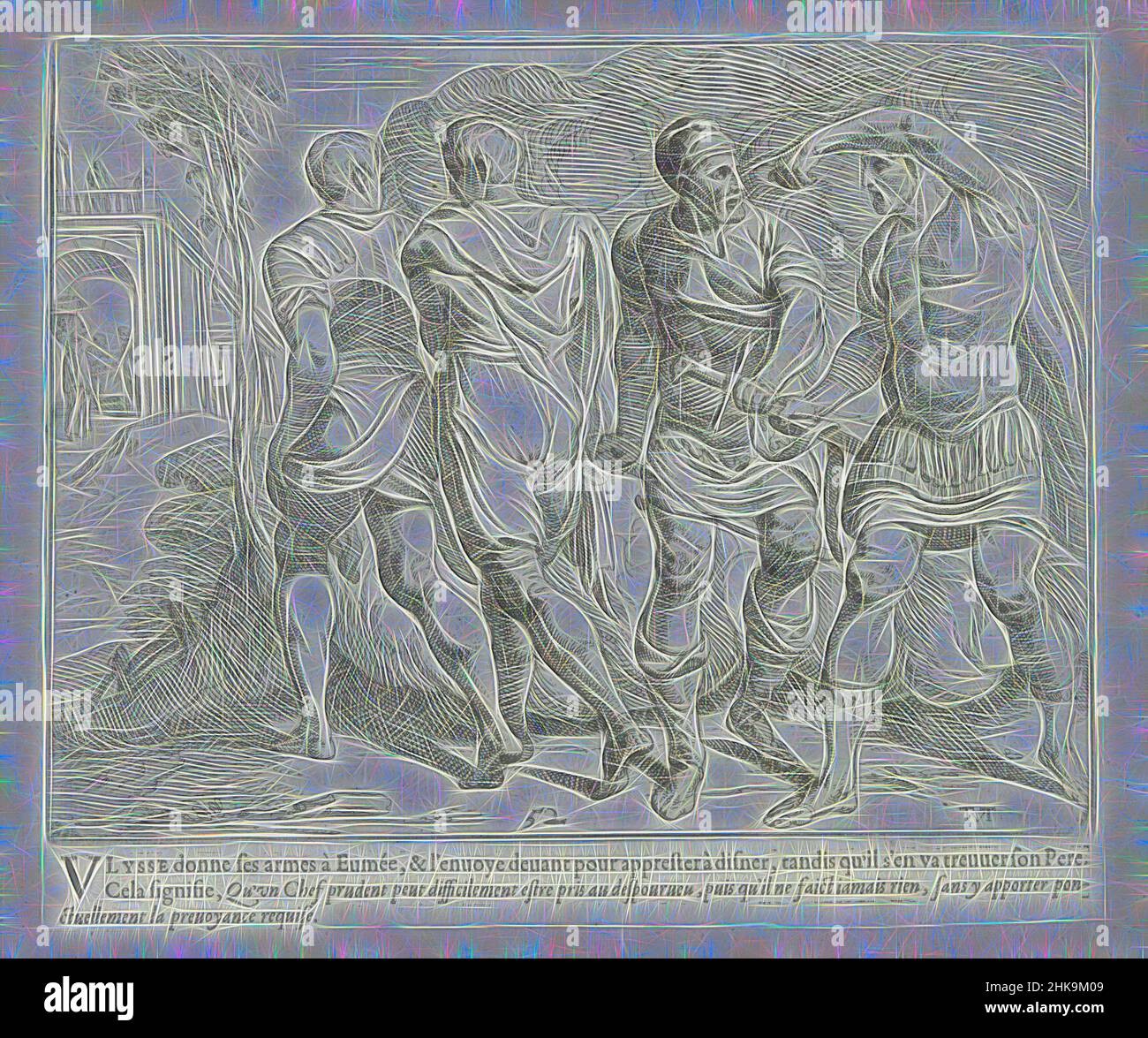 Inspiré par Odysseus donne ses bras à Eumaeus, les travaux d'Ulysse, les oeuvres d'Odysseus, Odysseus, son fils Telemachus, Eumaeus et Philoetius arrivent cachés sous un nuage sombre à la résidence de Laërtes. Odysseus donne ses armes à Eumaeus. L'imprimé fait partie d'un album., imprimeur: Theodoor, réimaginé par Artotop. L'art classique réinventé avec une touche moderne. Conception de lumière chaleureuse et gaie, de luminosité et de rayonnement de lumière. La photographie s'inspire du surréalisme et du futurisme, embrassant l'énergie dynamique de la technologie moderne, du mouvement, de la vitesse et révolutionne la culture Banque D'Images