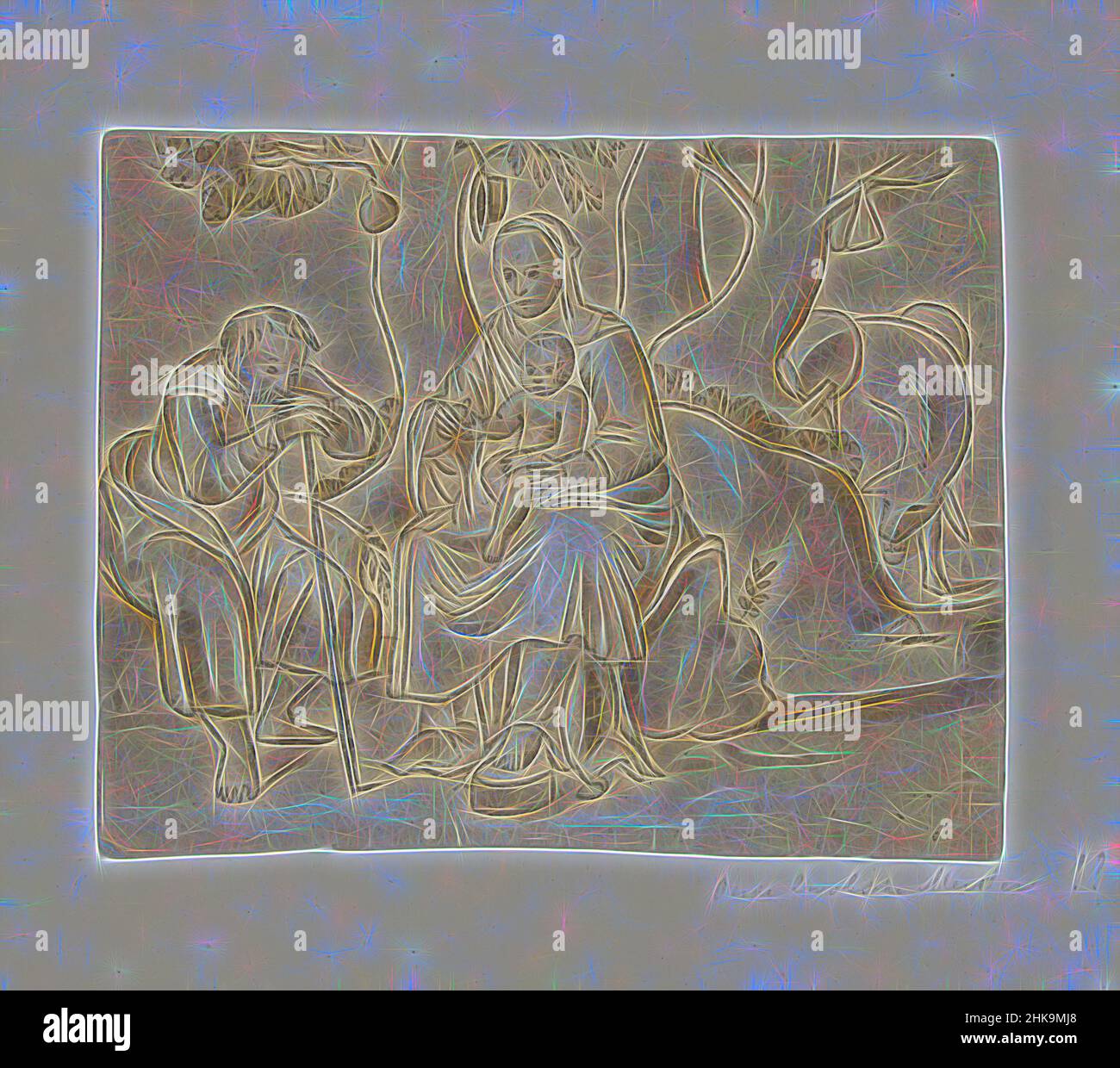 Inspiré par Rest on the Flight into Egypt, rapporteur pour avis:, pays-Bas, c. 1600 - c. 1687, papier, pinceau, hauteur 243 mm × largeur 360 mm, repensé par Artotop. L'art classique réinventé avec une touche moderne. Conception de lumière chaleureuse et gaie, de luminosité et de rayonnement de lumière. La photographie s'inspire du surréalisme et du futurisme, embrassant l'énergie dynamique de la technologie moderne, du mouvement, de la vitesse et révolutionne la culture Banque D'Images