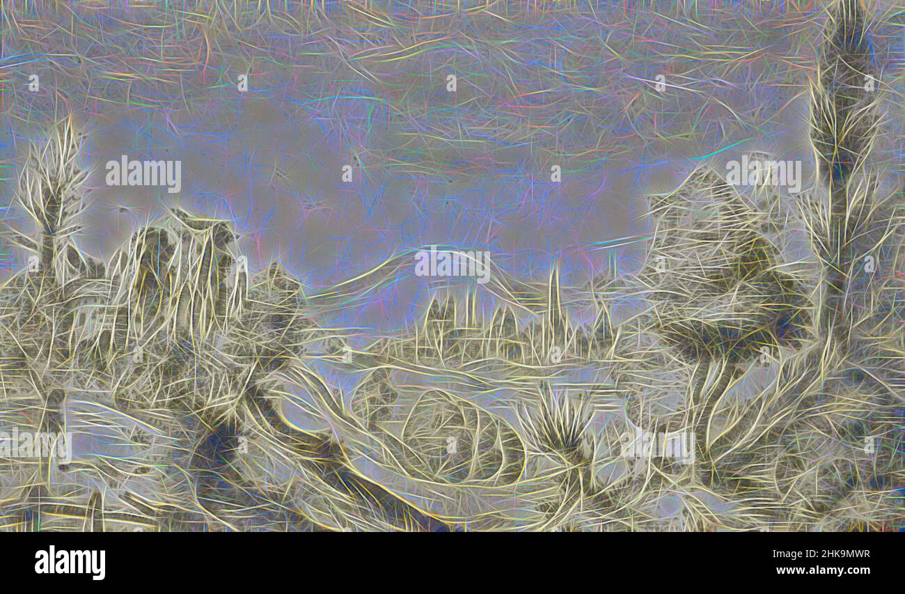 Inspiré par le paysage vallonné avec chasseur et ruine, dessinateur:, inconnu, c. 1600, parchemin (matériau animal), pinceau, hauteur 86 mm × largeur 140 mm, réimaginé par Artotop. L'art classique réinventé avec une touche moderne. Conception de lumière chaleureuse et gaie, de luminosité et de rayonnement de lumière. La photographie s'inspire du surréalisme et du futurisme, embrassant l'énergie dynamique de la technologie moderne, du mouvement, de la vitesse et révolutionne la culture Banque D'Images