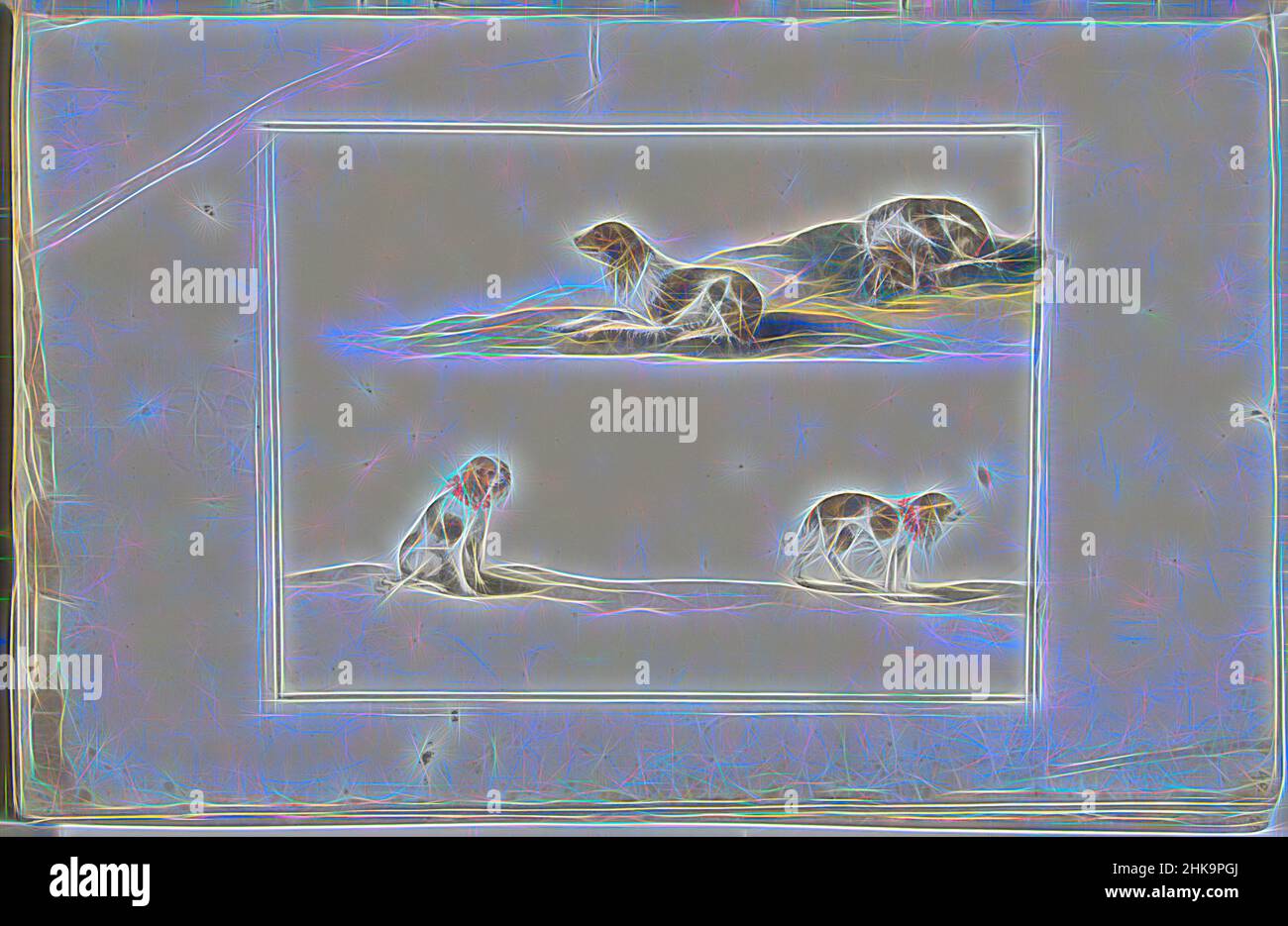 Inspiré par quatre études de chiens, au-dessus d'un chien couché à poil long, sous un chien assis et marchant. Le dernier est peut-être Acteon qui est représenté trois fois dans le livre d'images de famille par Anna Conelia Moda, réimaginé par Artotop. L'art classique réinventé avec une touche moderne. Conception de lumière chaleureuse et gaie, de luminosité et de rayonnement de lumière. La photographie s'inspire du surréalisme et du futurisme, embrassant l'énergie dynamique de la technologie moderne, du mouvement, de la vitesse et révolutionne la culture Banque D'Images