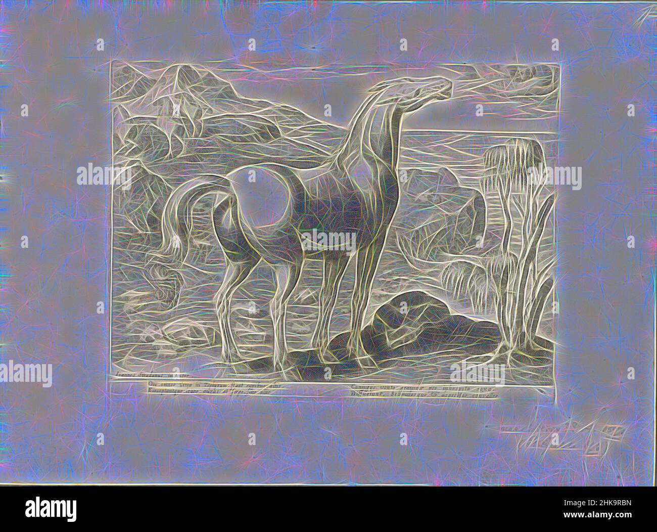 Inspiré par Zephyrus imprègne une jument, le cheval des écuries royales de Don Juan d'Autriche, Equile, in quo omnis generis generosissi: Morum equorum ex varijs orbis partibus insignis delectus (...), Zephyrus, le vent de l'ouest, imprègne avec son souffle une jument. Print fait partie d'un album., print, reimaginé par Artotop. L'art classique réinventé avec une touche moderne. Conception de lumière chaleureuse et gaie, de luminosité et de rayonnement de lumière. La photographie s'inspire du surréalisme et du futurisme, embrassant l'énergie dynamique de la technologie moderne, du mouvement, de la vitesse et révolutionne la culture Banque D'Images