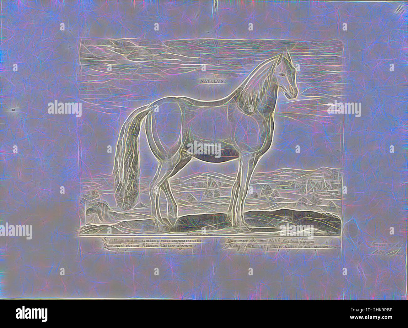 Inspiré par Stallion d'Anatolie, Natulus, le cheval de races des écuries royales de Don Juan d'Autriche, Equile, in quo omnis generis generosissi: Morum equorum ex varijs orbis partibus insignis delectus (...), un étalon anatolien dans un paysage. Print fait partie d'un album., Print Maker:, Hans, reimaginé par Artotop. L'art classique réinventé avec une touche moderne. Conception de lumière chaleureuse et gaie, de luminosité et de rayonnement de lumière. La photographie s'inspire du surréalisme et du futurisme, embrassant l'énergie dynamique de la technologie moderne, du mouvement, de la vitesse et révolutionne la culture Banque D'Images