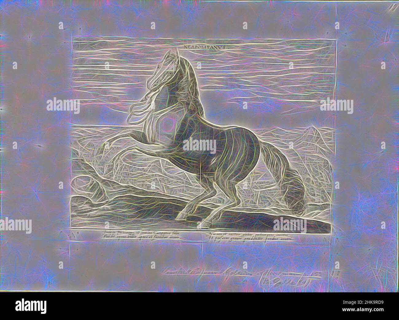 Inspiré par le cheval de Naples, neapolitanus, le cheval de races des écuries royales de Don Juan d'Autriche, Equile, in quo omnis generis generosissi: Morum equorum ex varijs orbis partibus insignis delectus (...), Un cheval de Naples avec la ville de Naples en arrière-plan. Print fait partie d'un album, réimaginé par Artotop. L'art classique réinventé avec une touche moderne. Conception de lumière chaleureuse et gaie, de luminosité et de rayonnement de lumière. La photographie s'inspire du surréalisme et du futurisme, embrassant l'énergie dynamique de la technologie moderne, du mouvement, de la vitesse et révolutionne la culture Banque D'Images