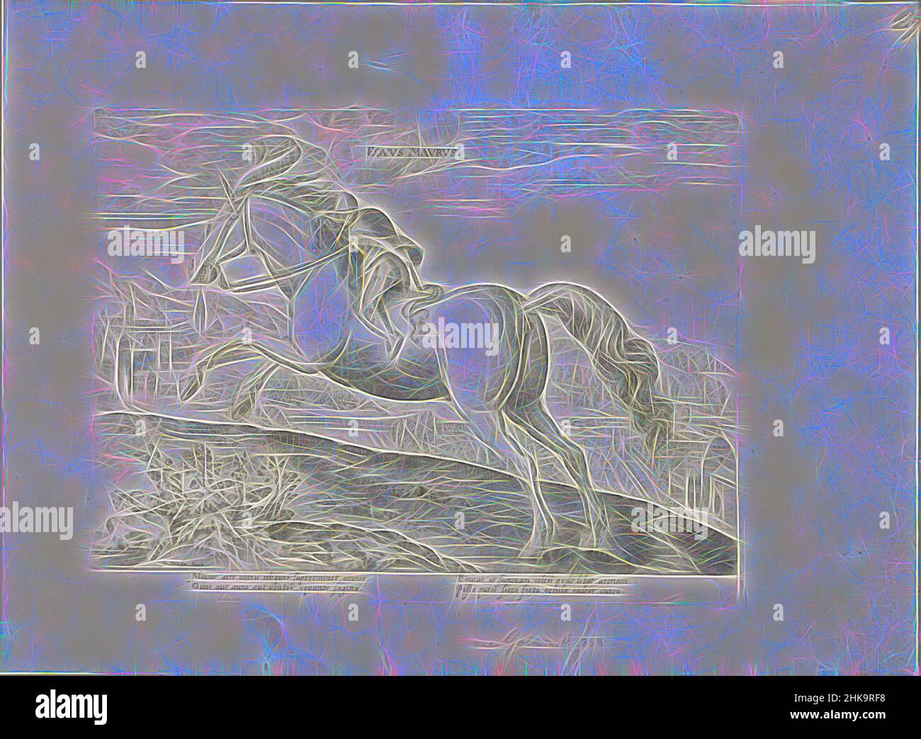 Inspiré par le cheval de course avec cavalier, Equus Maurus, le cheval de races des écuries royales de Don Juan d'Autriche, Equile, in quo omnis generis generosissi: Morum ecorum ex varijs orbis partibus insignis delectus (...), Un cheval de course avec cavalier dans un paysage. Print fait partie d'un album., imprimeur, repensé par Artotop. L'art classique réinventé avec une touche moderne. Conception de lumière chaleureuse et gaie, de luminosité et de rayonnement de lumière. La photographie s'inspire du surréalisme et du futurisme, embrassant l'énergie dynamique de la technologie moderne, du mouvement, de la vitesse et révolutionne la culture Banque D'Images
