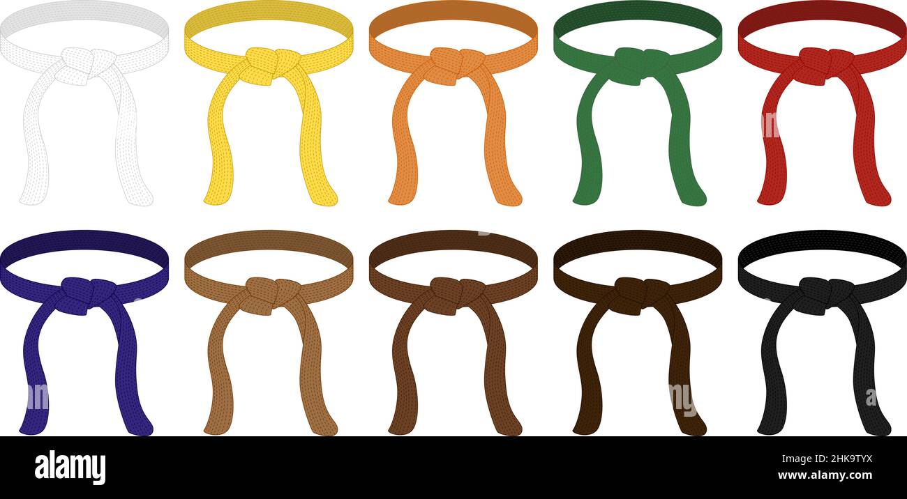 Placer la courroie de karaté isolée sur fond blanc.Design emblématique de l'art martial japonais dans un style plat.Classez le système dans différentes couleurs.Illustration vectorielle. Illustration de Vecteur