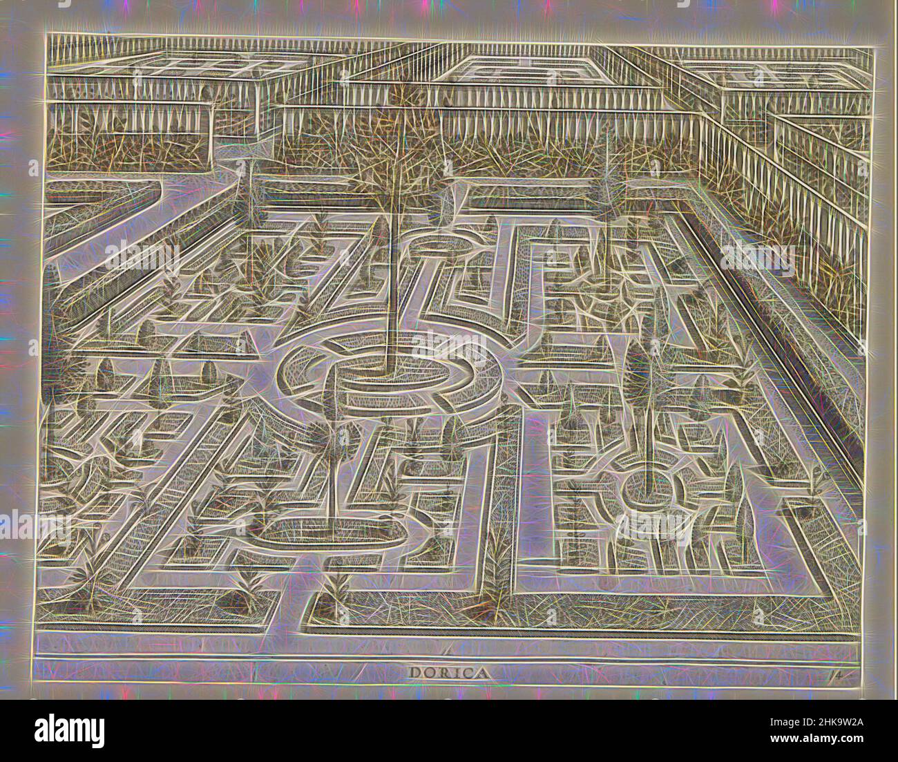 Inspiré par le jardin avec un parterre composé de six compartiments, Dorica, hortorum Viridariorumque elegantes et multilicis formae, dessins de jardin associés aux ordres de construction doriques, ioniques et Corinthiens, jardin avec parterre central composé de six compartiments autour d'un arbre dans le, réimaginé par Artotop. L'art classique réinventé avec une touche moderne. Conception de lumière chaleureuse et gaie, de luminosité et de rayonnement de lumière. La photographie s'inspire du surréalisme et du futurisme, embrassant l'énergie dynamique de la technologie moderne, du mouvement, de la vitesse et révolutionne la culture Banque D'Images