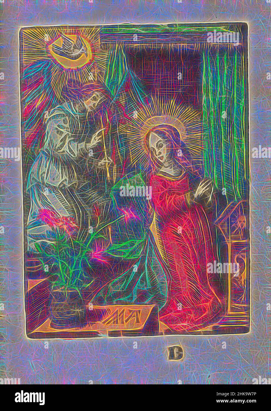 Inspiré par l'Annonciation, la petite passion, la passion stupide, l'ange Gabriel annonce que Marie deviendra enceinte. Marie s'agenouille à un lutrin. L'Esprit Saint apparaît sous la forme d'une colombe. Marqué en bas: B. l'impression fait partie d'un livre., imprimeur: Jacob Cornelisz van Oostsanen, éditeur: Doen, réimaginé par Artotop. L'art classique réinventé avec une touche moderne. Conception de lumière chaleureuse et gaie, de luminosité et de rayonnement de lumière. La photographie s'inspire du surréalisme et du futurisme, embrassant l'énergie dynamique de la technologie moderne, du mouvement, de la vitesse et révolutionne la culture Banque D'Images