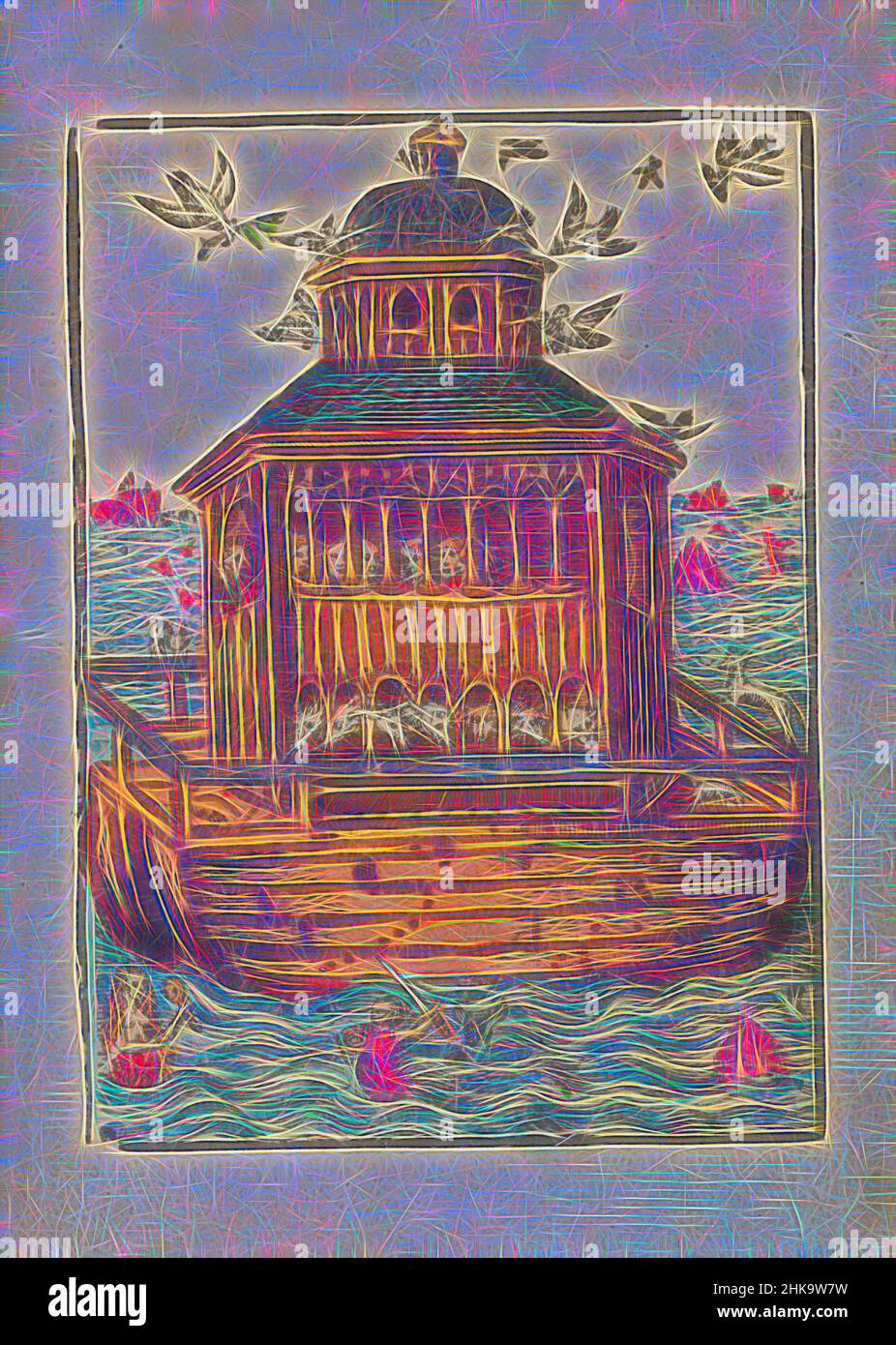 Inspiré par l'arche de Noé, la passion stupide, l'arche de Noé flotte sur les eaux de la crue. Dans l'eau une sirène et un merman. Dans le ciel oiseaux y compris la colombe avec une branche. L'impression fait partie d'un livre., imprimeur:, éditeur: Doen Pietersz., Amsterdam, c. 1530, papier, hauteur 111 mm × largeur 80 mm hauteur 159, repensé par Artotop. L'art classique réinventé avec une touche moderne. Conception de lumière chaleureuse et gaie, de luminosité et de rayonnement de lumière. La photographie s'inspire du surréalisme et du futurisme, embrassant l'énergie dynamique de la technologie moderne, du mouvement, de la vitesse et révolutionne la culture Banque D'Images