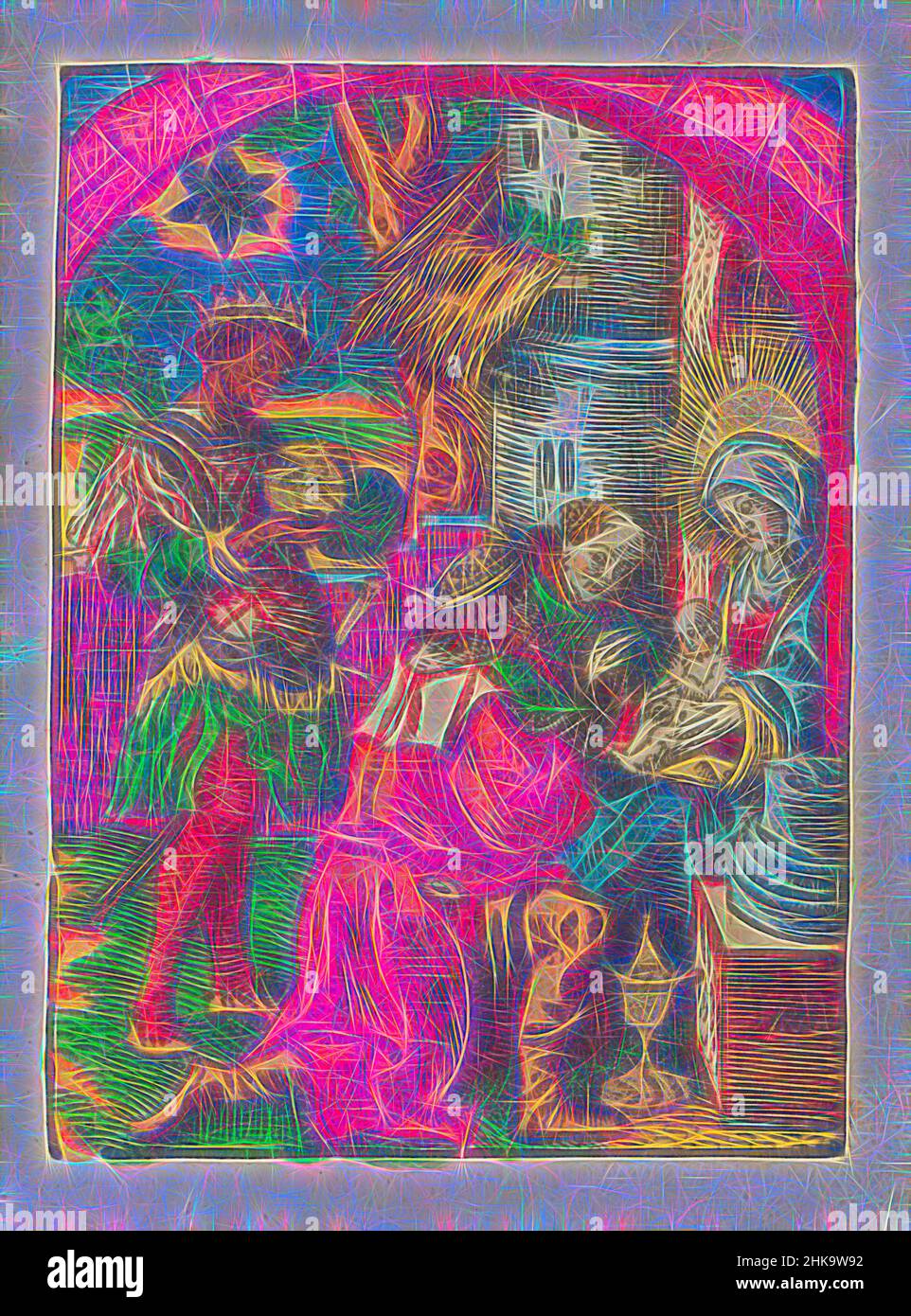 Inspiré par l'adoration par les Rois, la petite passion, la passion stupide, deux rois s'agenouillent devant l'enfant du Christ assis sur les genoux de Marie. Le troisième roi ouvre son cadeau en se tenant debout. L'imprimé fait partie d'un livre., Imprimeur: Jacob Cornelisz van Oostsanen, éditeur: Doen Pietersz., Amsterdam, 1520 - 1521, réimaginé par Artotop. L'art classique réinventé avec une touche moderne. Conception de lumière chaleureuse et gaie, de luminosité et de rayonnement de lumière. La photographie s'inspire du surréalisme et du futurisme, embrassant l'énergie dynamique de la technologie moderne, du mouvement, de la vitesse et révolutionne la culture Banque D'Images