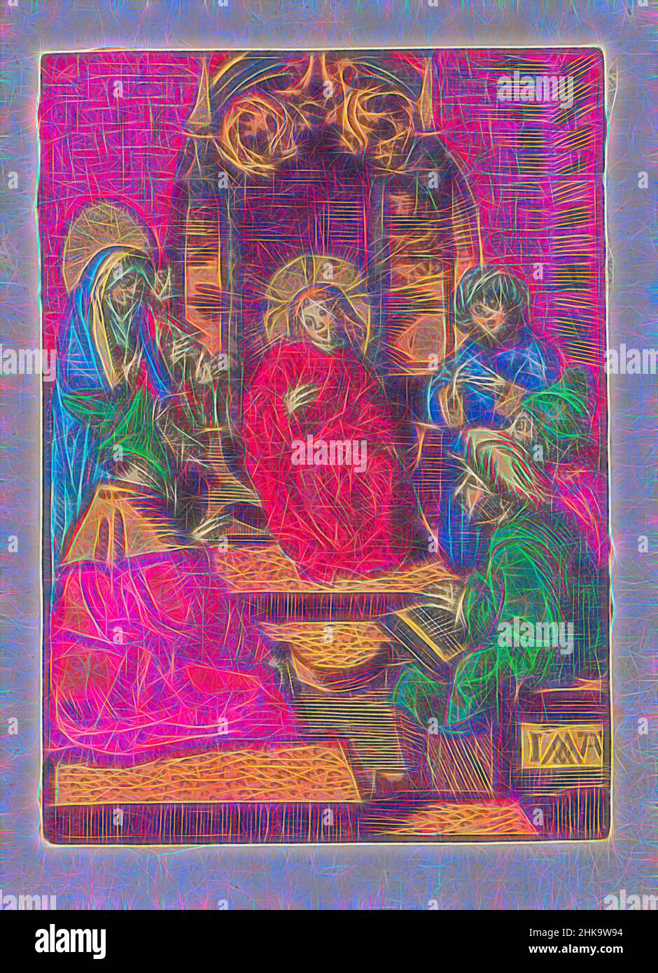 Inspiré par le Christ de douze ans dans le Temple, la petite passion, la passion stupide, le Christ de douze ans est assis sur un trône dans le temple où il est en conversation avec les scribes assis autour de lui. À gauche, Marie et Joseph qui le trouvent dans le temple. L'impression fait partie d'un livre., l'impression, réimaginé par Artotop. L'art classique réinventé avec une touche moderne. Conception de lumière chaleureuse et gaie, de luminosité et de rayonnement de lumière. La photographie s'inspire du surréalisme et du futurisme, embrassant l'énergie dynamique de la technologie moderne, du mouvement, de la vitesse et révolutionne la culture Banque D'Images