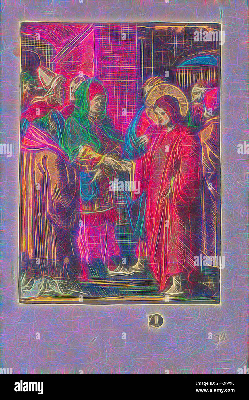 Inspiré par le Christ dans le débat avec les Pharisiens sur la taxation de l'empereur, la passion stupide, un des Pharisiens lui donne une pièce et demande au Christ s'il est permis de payer l'impôt à l'empereur. Marqué en bas: D. Print fait partie d'un livre., imprimeur: Lucas van Leyden (atelier de), éditeur: Doen, réimaginé par Artotop. L'art classique réinventé avec une touche moderne. Conception de lumière chaleureuse et gaie, de luminosité et de rayonnement de lumière. La photographie s'inspire du surréalisme et du futurisme, embrassant l'énergie dynamique de la technologie moderne, du mouvement, de la vitesse et révolutionne la culture Banque D'Images
