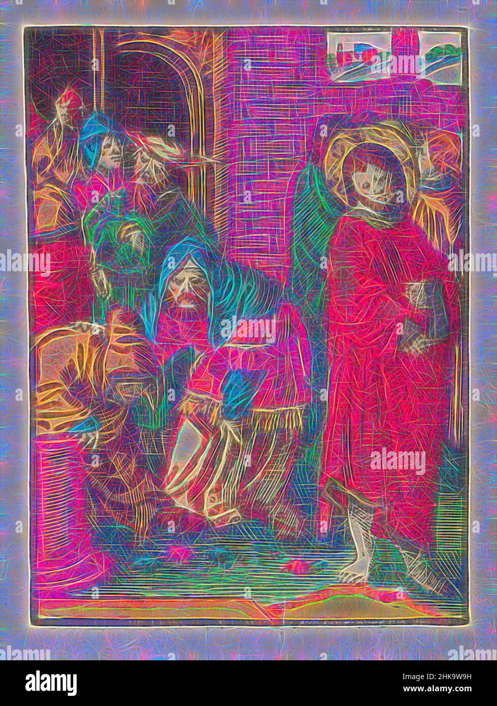 Inspiré par les Juifs menacent de pierre Christ, imbécile passion, Christ quitte le temple. Ses disciples se tiennent derrière lui. Les Juifs ramassent des pierres pour pierre Christ pour blasphème. L'imprimé fait partie d'un livre., imprimeur: Lucas van Leyden (atelier de), éditeur: Doen Pietersz., Amsterdam, c. 1530, papier, réimaginé par Artotop. L'art classique réinventé avec une touche moderne. Conception de lumière chaleureuse et gaie, de luminosité et de rayonnement de lumière. La photographie s'inspire du surréalisme et du futurisme, embrassant l'énergie dynamique de la technologie moderne, du mouvement, de la vitesse et révolutionne la culture Banque D'Images