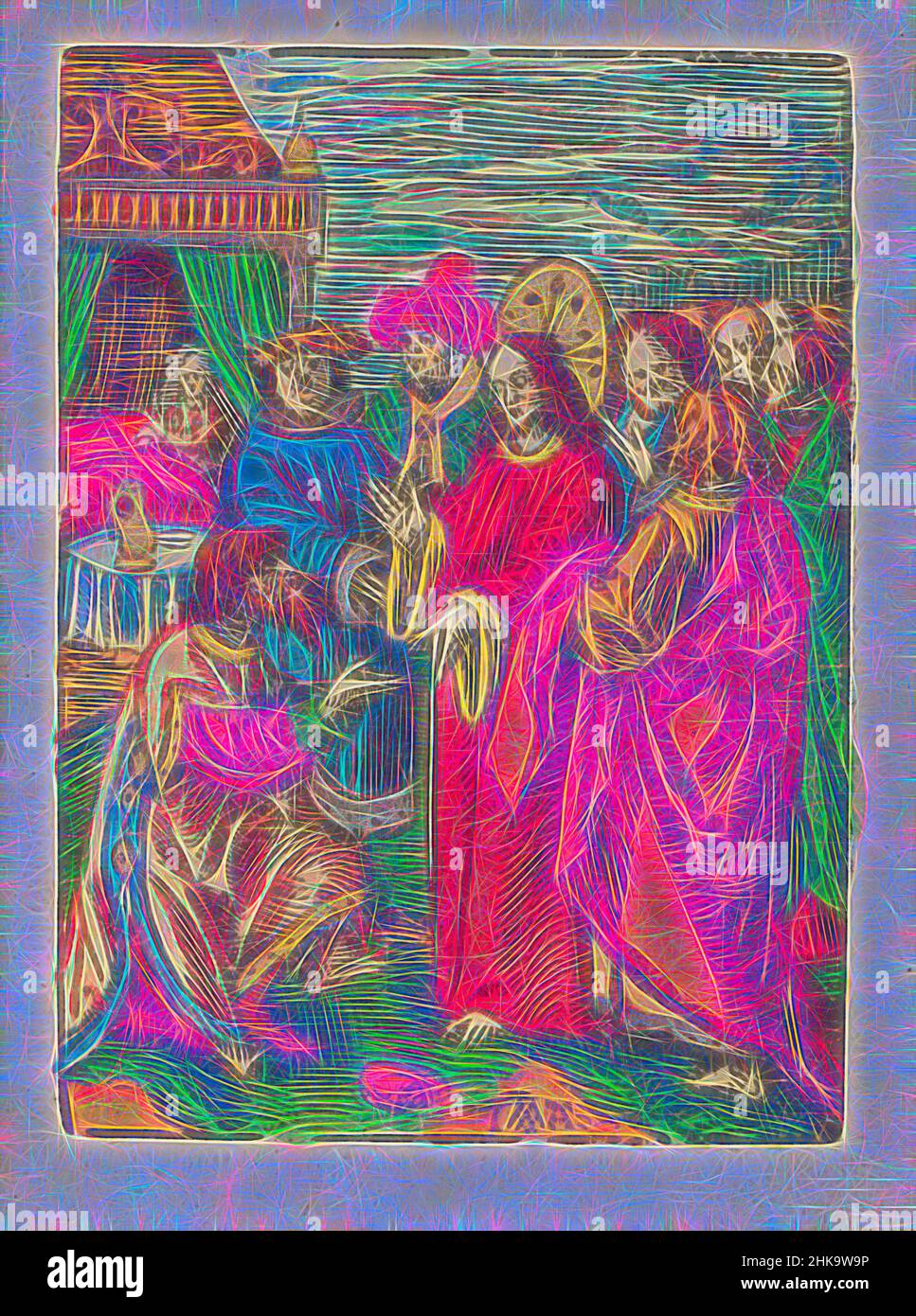 Inspiré par l'homme en chef de Capharnaüm, il demande à Christ de l'aide, la petite passion, la passion stupide, à Capharnaüm, un centurion romain s'agenouille devant le Christ et lui demande de guérir son serviteur (ou son fils). Derrière Christ sont ses disciples. En arrière-plan la personne malade dans son lit. L'impression fait partie d'un livre., l'impression, réimaginé par Artotop. L'art classique réinventé avec une touche moderne. Conception de lumière chaleureuse et gaie, de luminosité et de rayonnement de lumière. La photographie s'inspire du surréalisme et du futurisme, embrassant l'énergie dynamique de la technologie moderne, du mouvement, de la vitesse et révolutionne la culture Banque D'Images