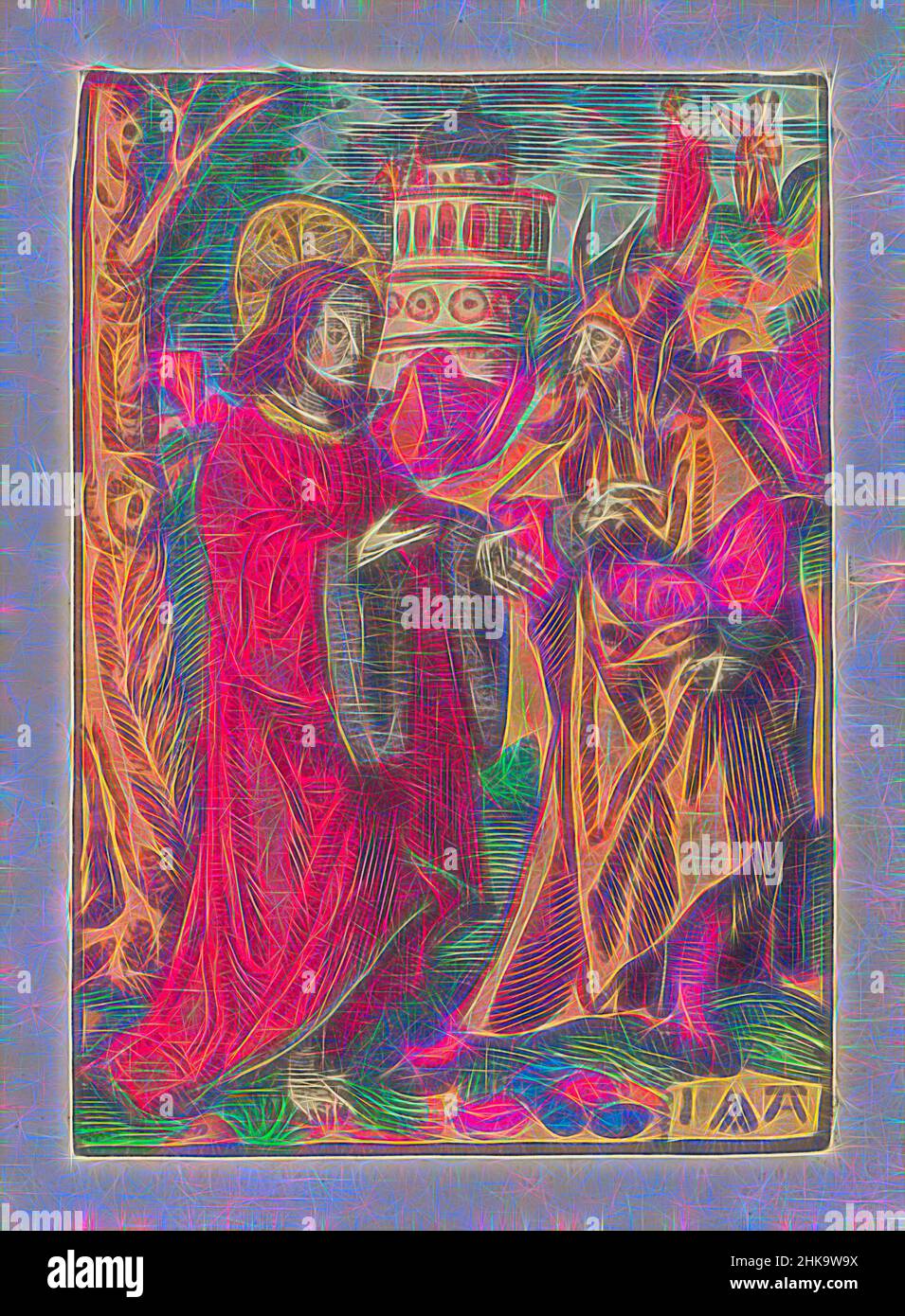 Inspirée par la tentation du Christ, la petite passion, la passion stupide, la tentation du Christ dans le désert. Le diable, sous le couvert d'un homme avec des cornes, lui demande de transformer les pierres qu'il tient dans sa robe en pains de pain. En arrière-plan, les deux autres tentations: Le Christ et le diable sur le toit, réimaginés par Artotop. L'art classique réinventé avec une touche moderne. Conception de lumière chaleureuse et gaie, de luminosité et de rayonnement de lumière. La photographie s'inspire du surréalisme et du futurisme, embrassant l'énergie dynamique de la technologie moderne, du mouvement, de la vitesse et révolutionne la culture Banque D'Images