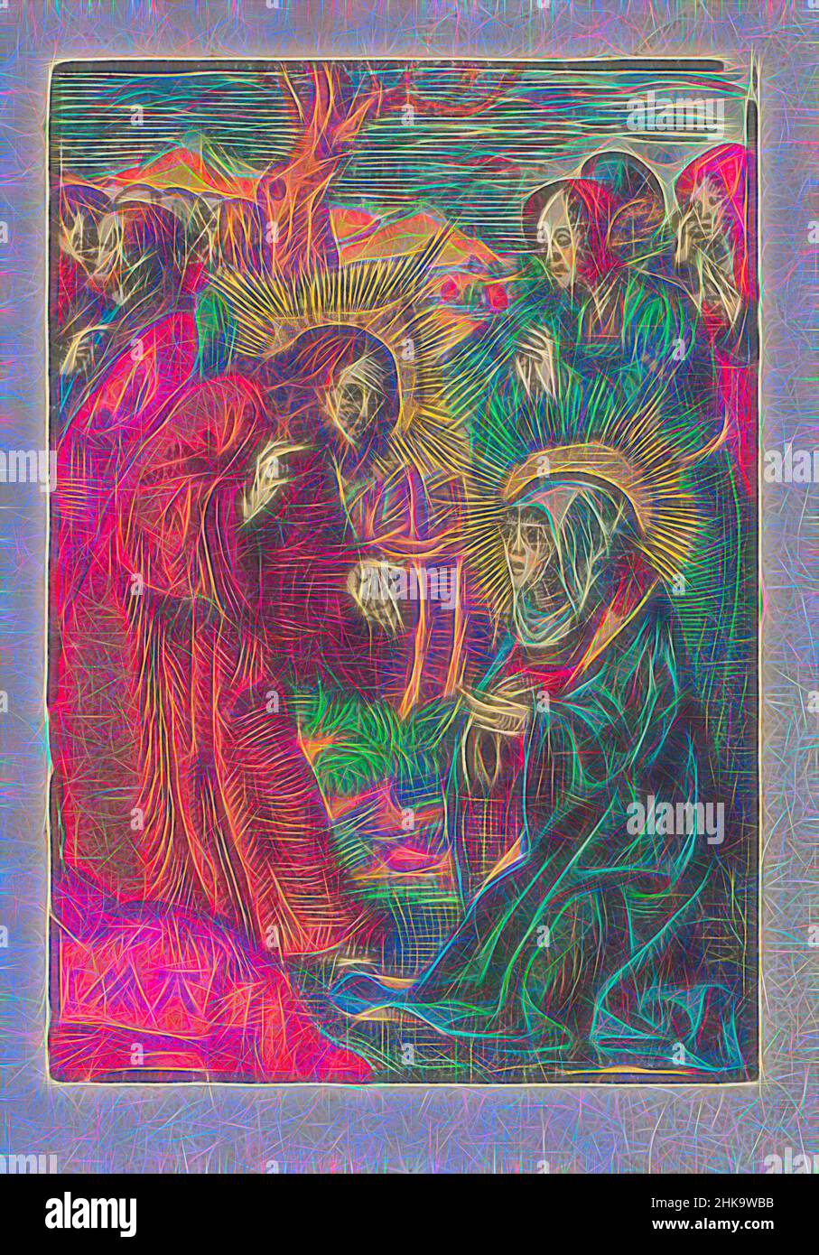 Inspiré par le Christ prend congé de sa mère, la petite passion, la passion stupide, Christ prend congé de sa mère Marie, qui s'agenouille devant lui. Elle est suivie par deux autres femmes. À gauche sont les disciples. L'imprimé fait partie d'un livre., imprimeur: Jacob Cornelisz van Oostsanen, éditeur: Doen, réimaginé par Artotop. L'art classique réinventé avec une touche moderne. Conception de lumière chaleureuse et gaie, de luminosité et de rayonnement de lumière. La photographie s'inspire du surréalisme et du futurisme, embrassant l'énergie dynamique de la technologie moderne, du mouvement, de la vitesse et révolutionne la culture Banque D'Images