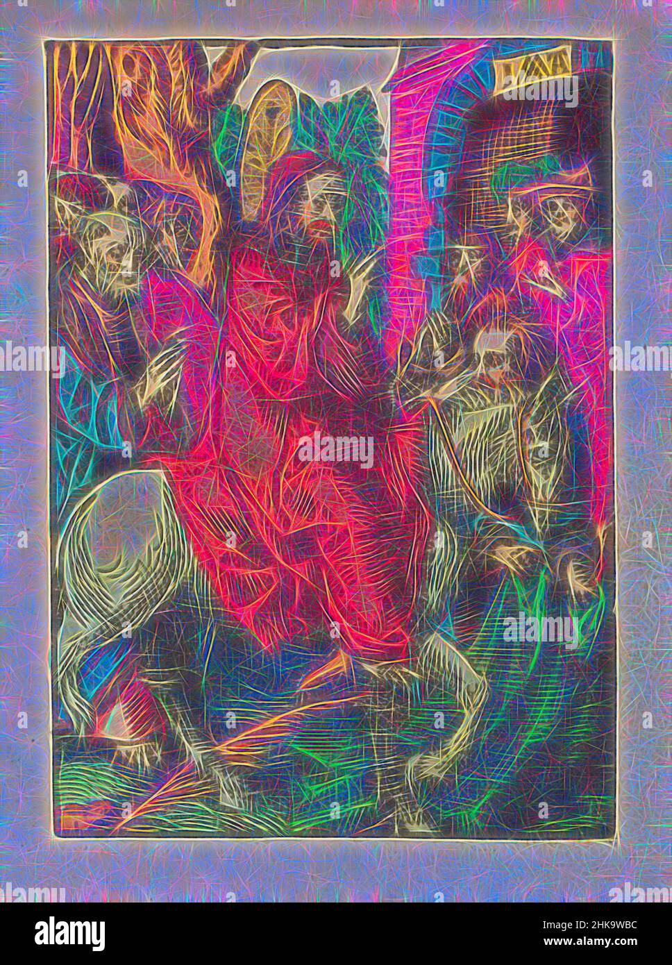 Inspiré par l'entrée dans Jérusalem, la petite passion, la passion stupide, Christ passe à Jérusalem sur un âne. Un homme place son manteau sur le sol pour que le Christ le surpasse. L'imprimé fait partie d'un livre., imprimeur: Jacob Cornelisz van Oostsanen, éditeur: Doen Pietersz., Amsterdam, 1520 - 1521 et/, réimaginé par Artotop. L'art classique réinventé avec une touche moderne. Conception de lumière chaleureuse et gaie, de luminosité et de rayonnement de lumière. La photographie s'inspire du surréalisme et du futurisme, embrassant l'énergie dynamique de la technologie moderne, du mouvement, de la vitesse et révolutionne la culture Banque D'Images