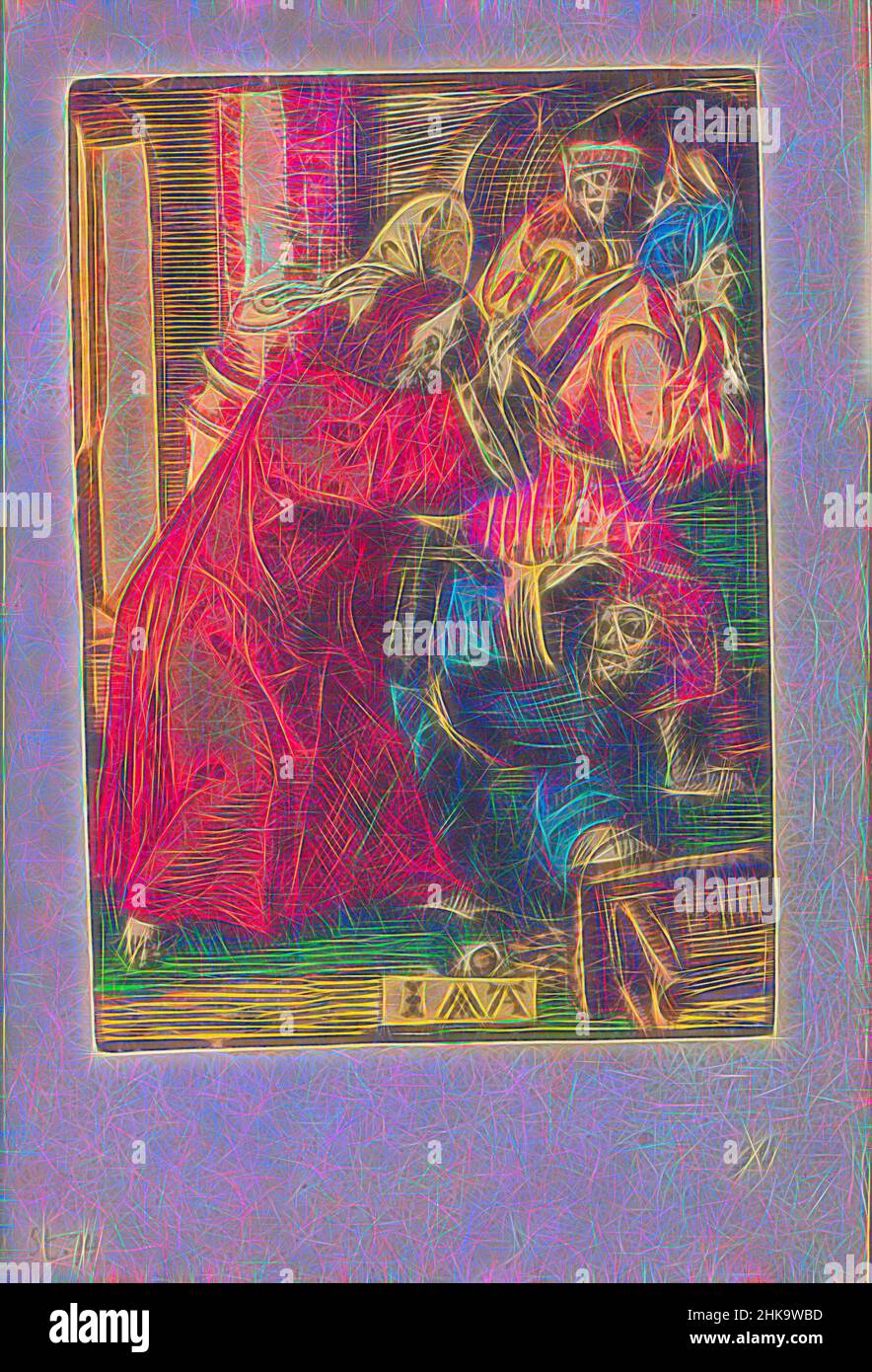 Inspiré par l'expulsion des changeurs de monde du temple, la petite passion, la passion stupide, le Christ sort les changeurs de monde et les commerçants du temple avec un fouet. Une banque s'est renversée et les pièces de monnaie reposent sur le sol. L'imprimé fait partie d'un livre., imprimeur: Jacob Cornelisz van Oostsanen, réimaginé par Artotop. L'art classique réinventé avec une touche moderne. Conception de lumière chaleureuse et gaie, de luminosité et de rayonnement de lumière. La photographie s'inspire du surréalisme et du futurisme, embrassant l'énergie dynamique de la technologie moderne, du mouvement, de la vitesse et révolutionne la culture Banque D'Images