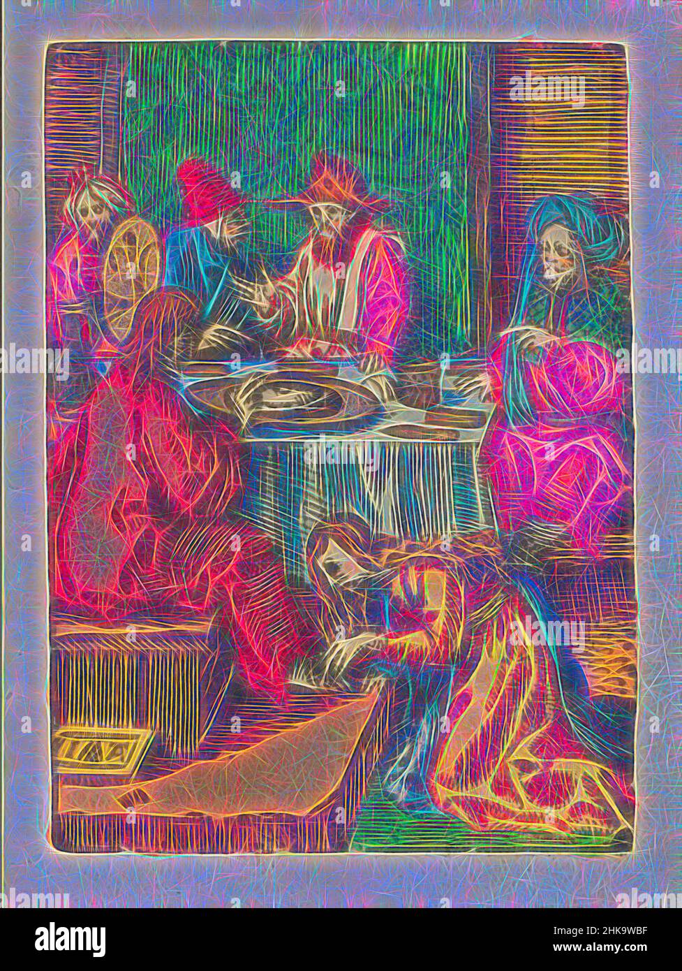 Inspiré par le Christ oint par Marie Magdalene, la petite passion, la passion stupide, le Christ est en train de manger à table dans la maison de Simon le Pharisien. Marie Magdalene s'agenouille sur le sol en ontant ses pieds et en les séchant avec ses cheveux. L'imprimé fait partie d'un livre., imprimeur: Jacob Cornelisz van, réimaginé par Artotop. L'art classique réinventé avec une touche moderne. Conception de lumière chaleureuse et gaie, de luminosité et de rayonnement de lumière. La photographie s'inspire du surréalisme et du futurisme, embrassant l'énergie dynamique de la technologie moderne, du mouvement, de la vitesse et révolutionne la culture Banque D'Images