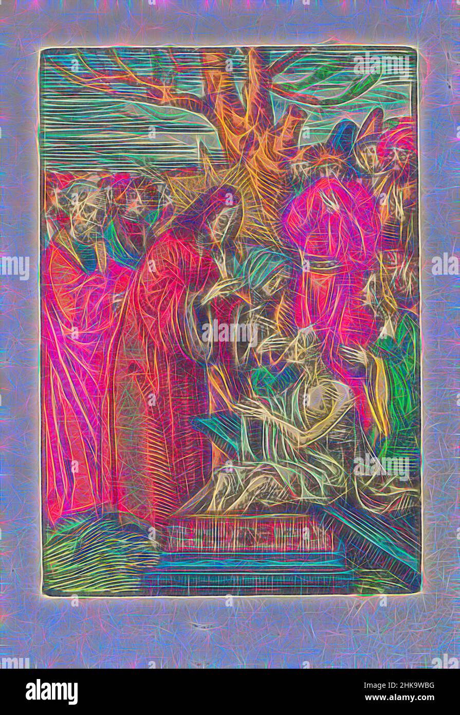 Inspiré par l'élévation de Lazarus, la petite passion, la passion stupide, Christ élève Lazarus des morts. Lazarus est assis sur son sarcophage. Marta et Mary s'agenouillent. Les spectateurs et les disciples regardent. L'imprimé fait partie d'un livre., imprimeur: Jacob Cornelisz van Oostsanen, éditeur: Doen Pietersz., Amsterdam, réimaginé par Artotop. L'art classique réinventé avec une touche moderne. Conception de lumière chaleureuse et gaie, de luminosité et de rayonnement de lumière. La photographie s'inspire du surréalisme et du futurisme, embrassant l'énergie dynamique de la technologie moderne, du mouvement, de la vitesse et révolutionne la culture Banque D'Images