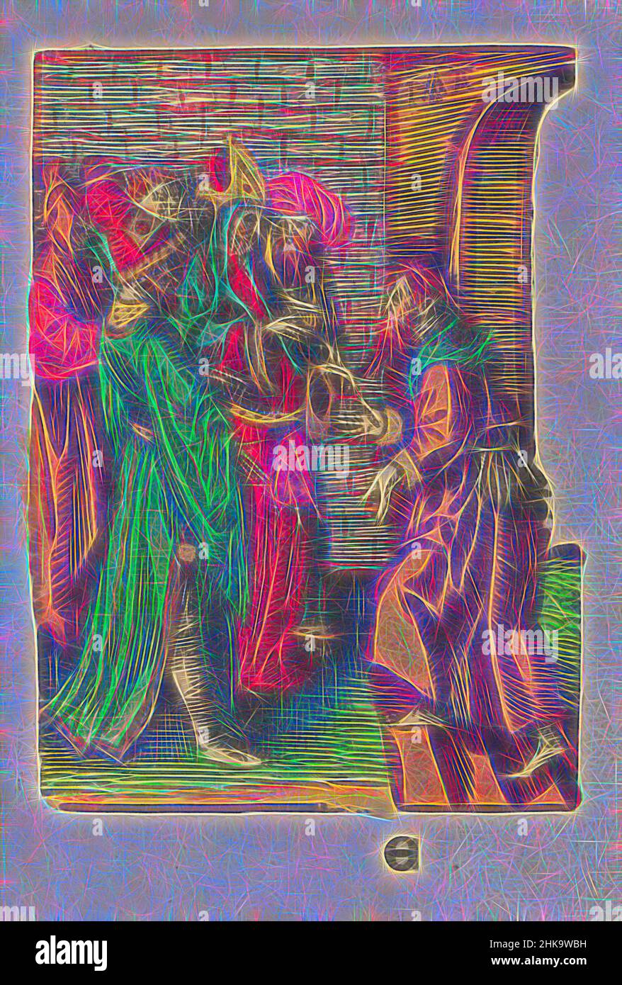 Inspiré par la trahison de Judas, la petite passion, la passion stupide, Judas va aux grands prêtres où il trahit le Christ. Marqué en bas: E. Print fait partie d'un livre., imprimeur: Jacob Cornelisz van Oostsanen, éditeur: Doen Pietersz., Amsterdam, 1520 - 1521 et/ou c. 1530, papier, hauteur 112 mm, réimaginé par Artotop. L'art classique réinventé avec une touche moderne. Conception de lumière chaleureuse et gaie, de luminosité et de rayonnement de lumière. La photographie s'inspire du surréalisme et du futurisme, embrassant l'énergie dynamique de la technologie moderne, du mouvement, de la vitesse et révolutionne la culture Banque D'Images