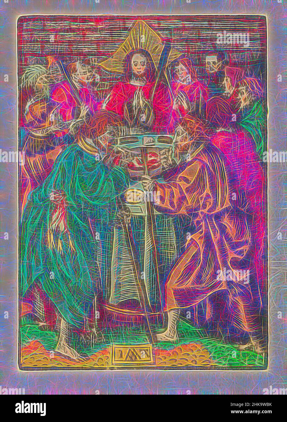 Inspiré par le Christ et ses disciples célèbrent la Pâque, la petite passion, la passion muette, le Christ et ses disciples mangent le dîner de la Pâque. Ils se tiennent autour d'un tagel rond et tiennent un personnel. L'imprimé fait partie d'un livre., imprimeur: Jacob Cornelisz van Oostsanen, éditeur: Doen Pietersz., Amsterdam, 1520, réimaginé par Artotop. L'art classique réinventé avec une touche moderne. Conception de lumière chaleureuse et gaie, de luminosité et de rayonnement de lumière. La photographie s'inspire du surréalisme et du futurisme, embrassant l'énergie dynamique de la technologie moderne, du mouvement, de la vitesse et révolutionne la culture Banque D'Images