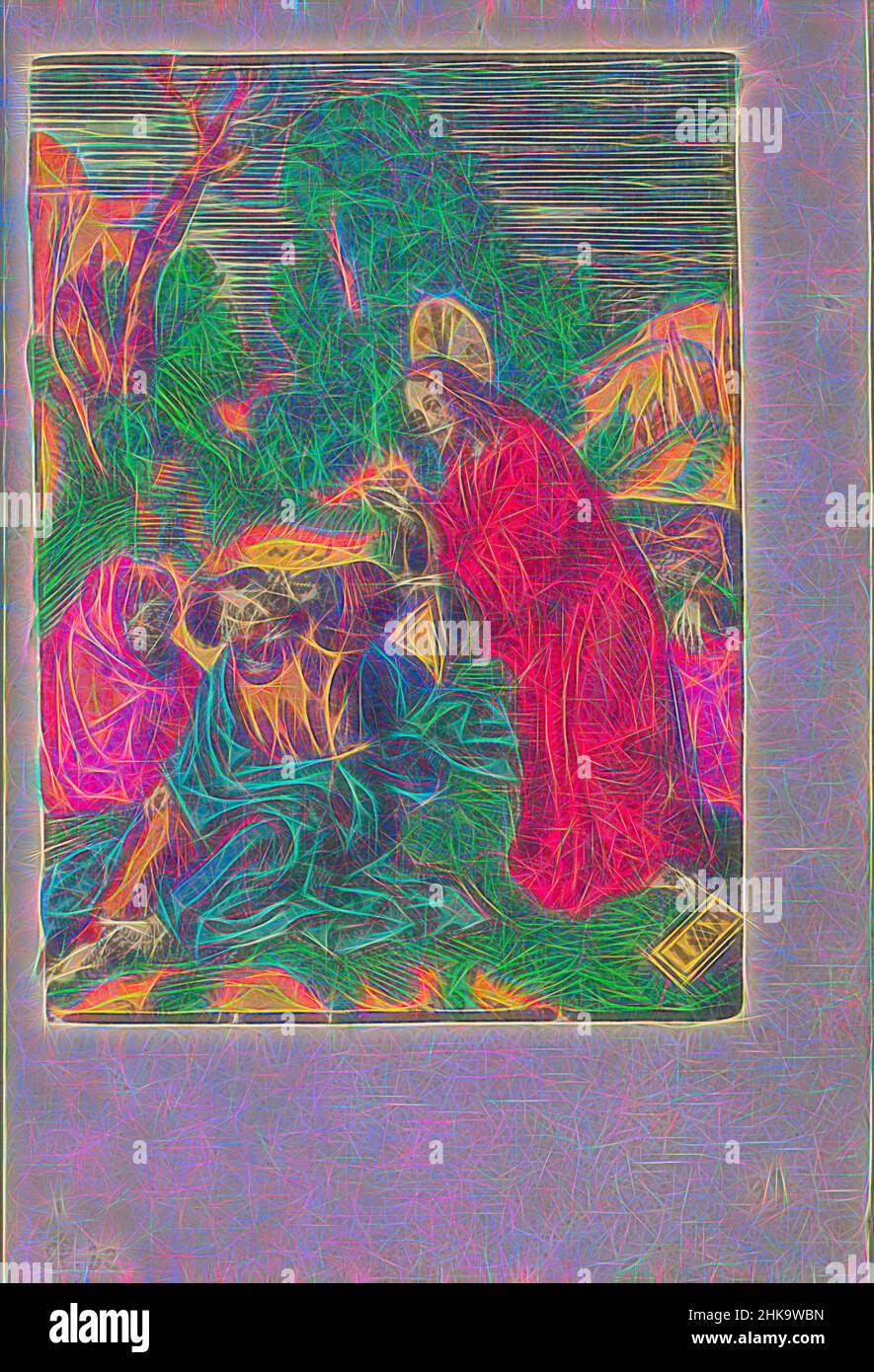 Inspiré par le Christ réveille les disciples endormis, la petite passion, la passion stupide, Christ trouve Pierre, Jean et Andrew dormant dans le jardin de Gethsémané, quand il leur avait demandé de regarder avec lui. Peter se frotte les yeux. L'imprimé fait partie d'un livre., imprimeur: Jacob Cornelisz van Oostsanen, éditeur, réimaginé par Artotop. L'art classique réinventé avec une touche moderne. Conception de lumière chaleureuse et gaie, de luminosité et de rayonnement de lumière. La photographie s'inspire du surréalisme et du futurisme, embrassant l'énergie dynamique de la technologie moderne, du mouvement, de la vitesse et révolutionne la culture Banque D'Images