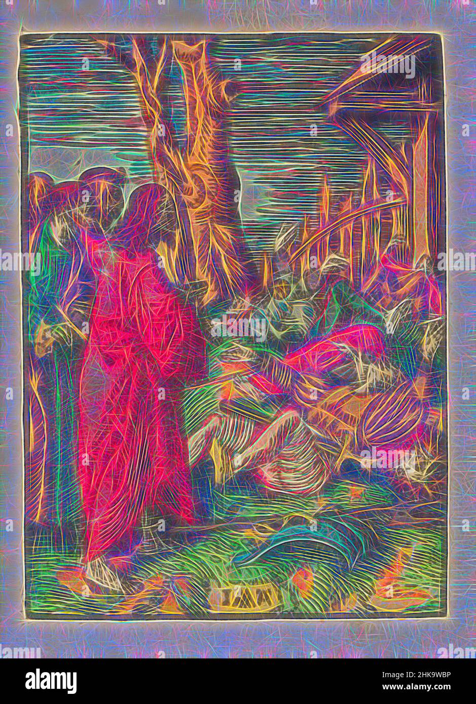 Inspiré par le Christ se fait connaître et les soldats tombent au sol, la petite passion, la passion stupide, dans le jardin de Gethsemane le Christ dit qui il est et là les soldats tombent au sol. Derrière Christ se tient Pierre avec son épée dans sa main. L'impression fait partie d'un livre., l'impression, réimaginé par Artotop. L'art classique réinventé avec une touche moderne. Conception de lumière chaleureuse et gaie, de luminosité et de rayonnement de lumière. La photographie s'inspire du surréalisme et du futurisme, embrassant l'énergie dynamique de la technologie moderne, du mouvement, de la vitesse et révolutionne la culture Banque D'Images