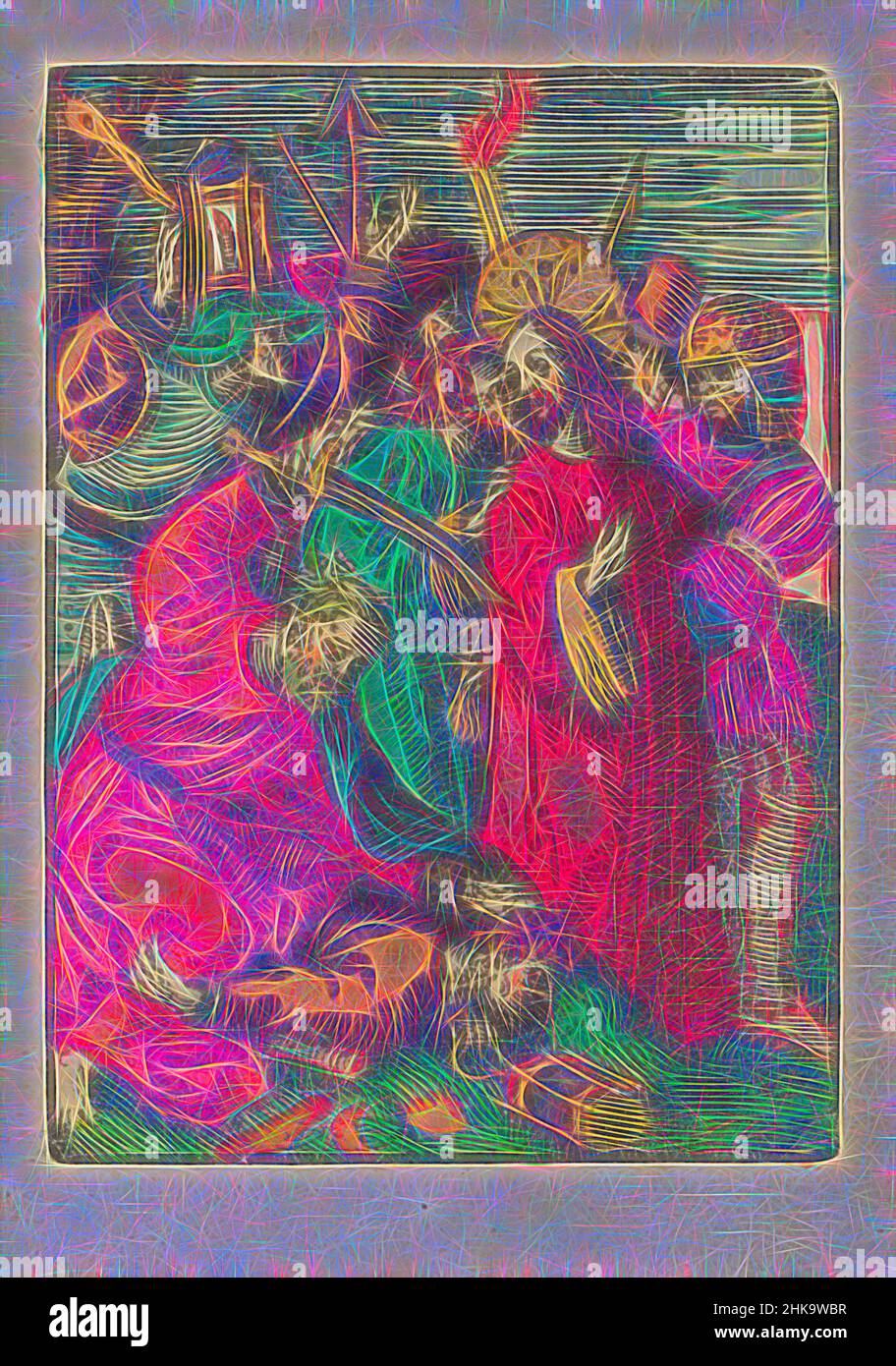 Inspiré par le baiser de Jude, la petite passion, la passion stupide, Judas embrasse le Christ sur la joue pour indiquer que c'est l'homme que les soldats doivent capturer. Au premier plan, Peter tient Malchus par ses cheveux pour le faire tomber de son oreille. L'imprimé fait partie d'un livre., imprimeur: Jacob Cornelisz van Oostsanen, réimaginé par Artotop. L'art classique réinventé avec une touche moderne. Conception de lumière chaleureuse et gaie, de luminosité et de rayonnement de lumière. La photographie s'inspire du surréalisme et du futurisme, embrassant l'énergie dynamique de la technologie moderne, du mouvement, de la vitesse et révolutionne la culture Banque D'Images