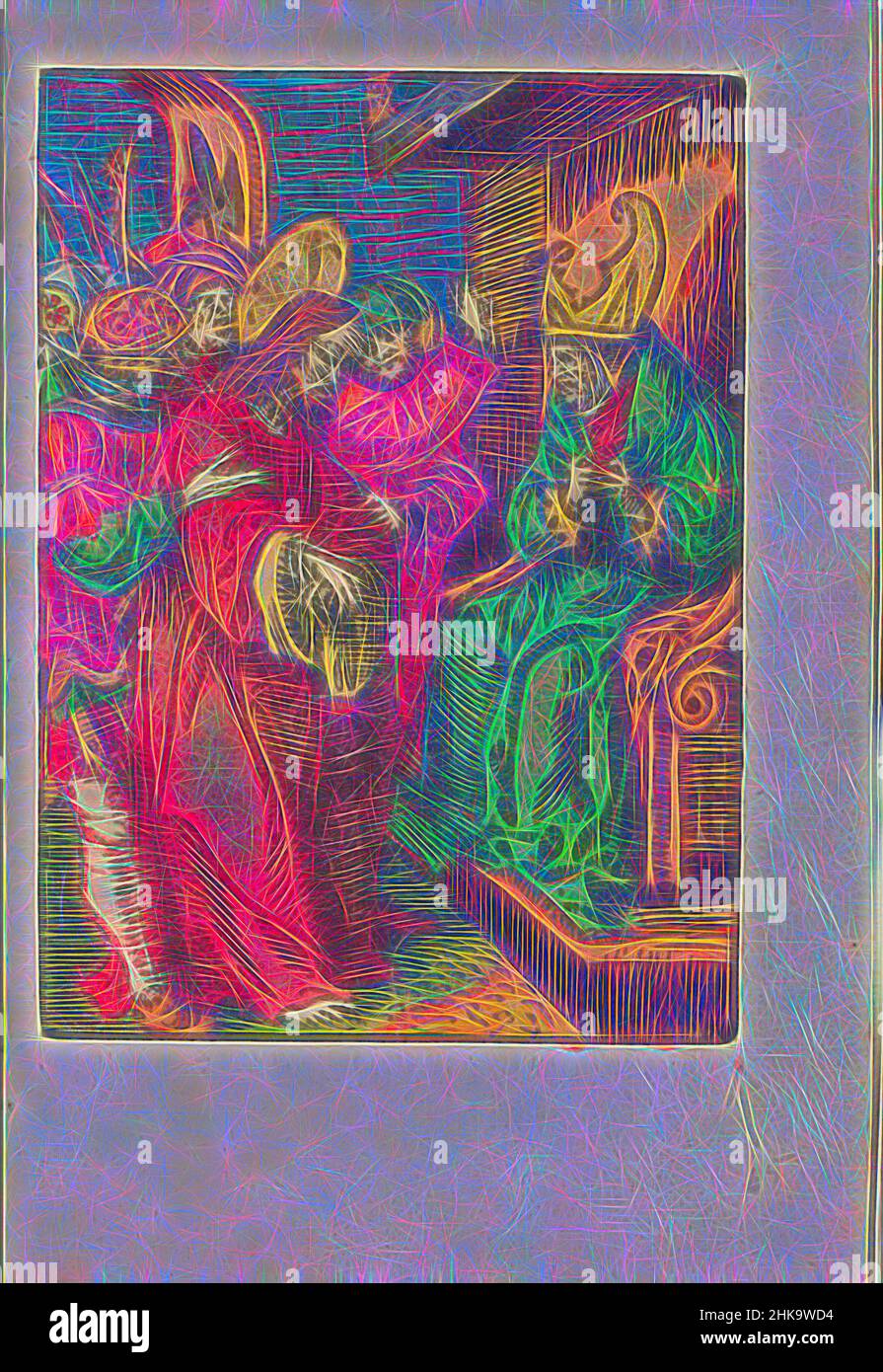 Inspiré par le Christ avant Caiaphas, la petite passion, la passion stupide, le Christ est amené devant le souverain sacrificateur Caiaphas. Caiapahas est assis sur un trône et est sur le point de déchirer sa robe des deux mains. L'imprimé fait partie d'un livre., imprimeur: Jacob Cornelisz van Oostsanen, éditeur: Doen Pietersz, réimaginé par Artotop. L'art classique réinventé avec une touche moderne. Conception de lumière chaleureuse et gaie, de luminosité et de rayonnement de lumière. La photographie s'inspire du surréalisme et du futurisme, embrassant l'énergie dynamique de la technologie moderne, du mouvement, de la vitesse et révolutionne la culture Banque D'Images