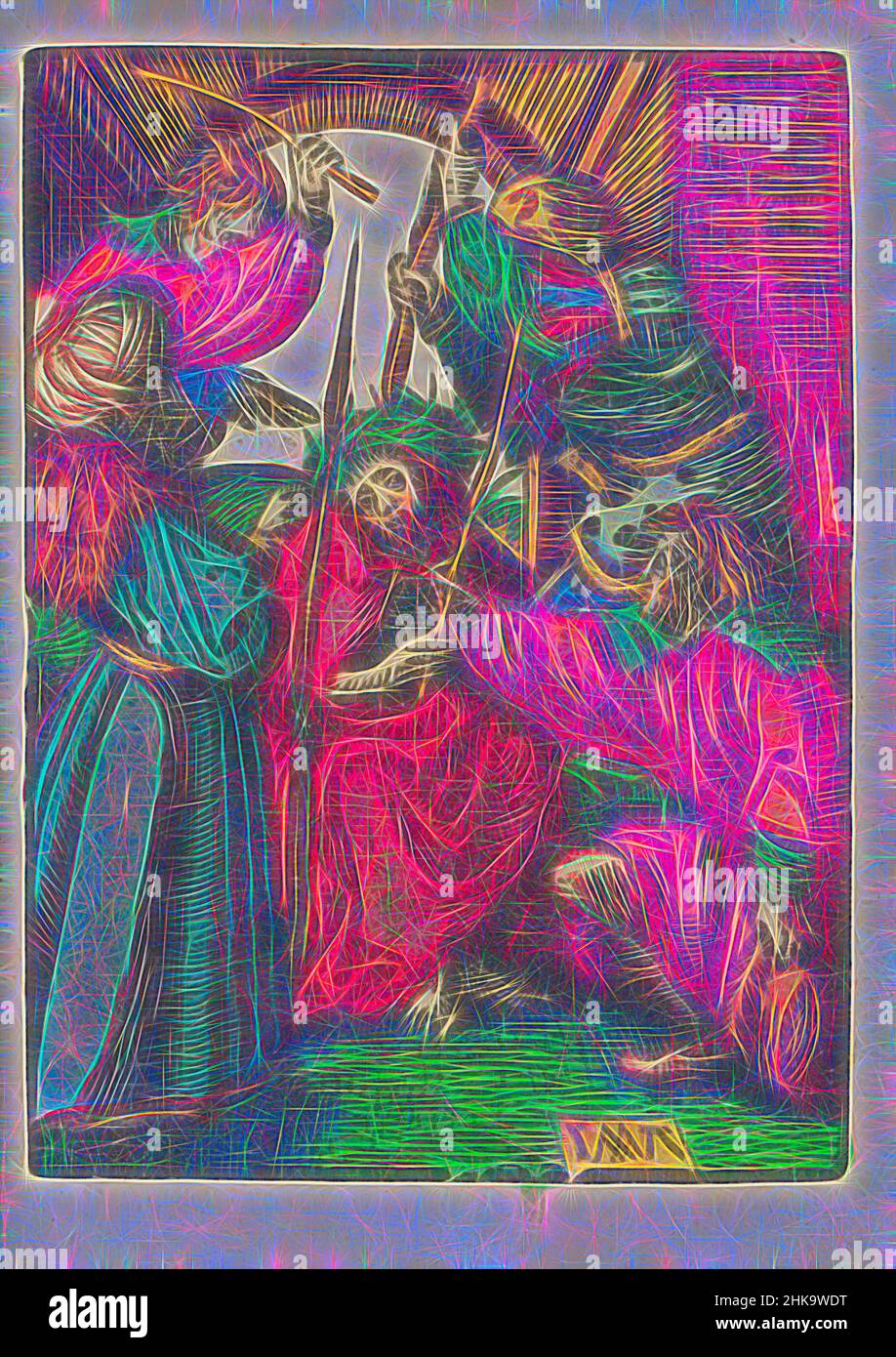 Inspiré par la Couronne des Thorns, la petite passion, la passion stupide, Un soldat pousse la couronne des épines sur la tête du Christ avec un bâton. Un autre homme lui donne une canne dans sa main. Pilate regarde de gauche. L'imprimé fait partie d'un livre., imprimeur: Jacob Cornelisz van Oostsanen, éditeur: Doen Pietersz, réimaginé par Artotop. L'art classique réinventé avec une touche moderne. Conception de lumière chaleureuse et gaie, de luminosité et de rayonnement de lumière. La photographie s'inspire du surréalisme et du futurisme, embrassant l'énergie dynamique de la technologie moderne, du mouvement, de la vitesse et révolutionne la culture Banque D'Images