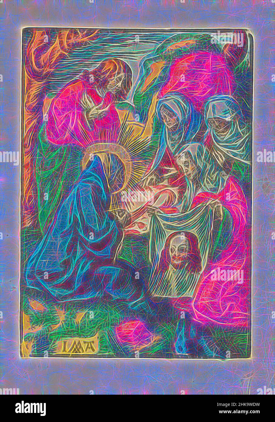 Inspiré par Veronica montre le sudarium à Marie et à Jean, la petite passion, la passion stupide, Veronica montre le sudarium, la sueur avec l'empreinte du visage du Christ, à Marie et à Jean. L'imprimé fait partie d'un livre., imprimeur: Jacob Cornelisz van Oostsanen, éditeur: Doen Pietersz, réimaginé par Artotop. L'art classique réinventé avec une touche moderne. Conception de lumière chaleureuse et gaie, de luminosité et de rayonnement de lumière. La photographie s'inspire du surréalisme et du futurisme, embrassant l'énergie dynamique de la technologie moderne, du mouvement, de la vitesse et révolutionne la culture Banque D'Images