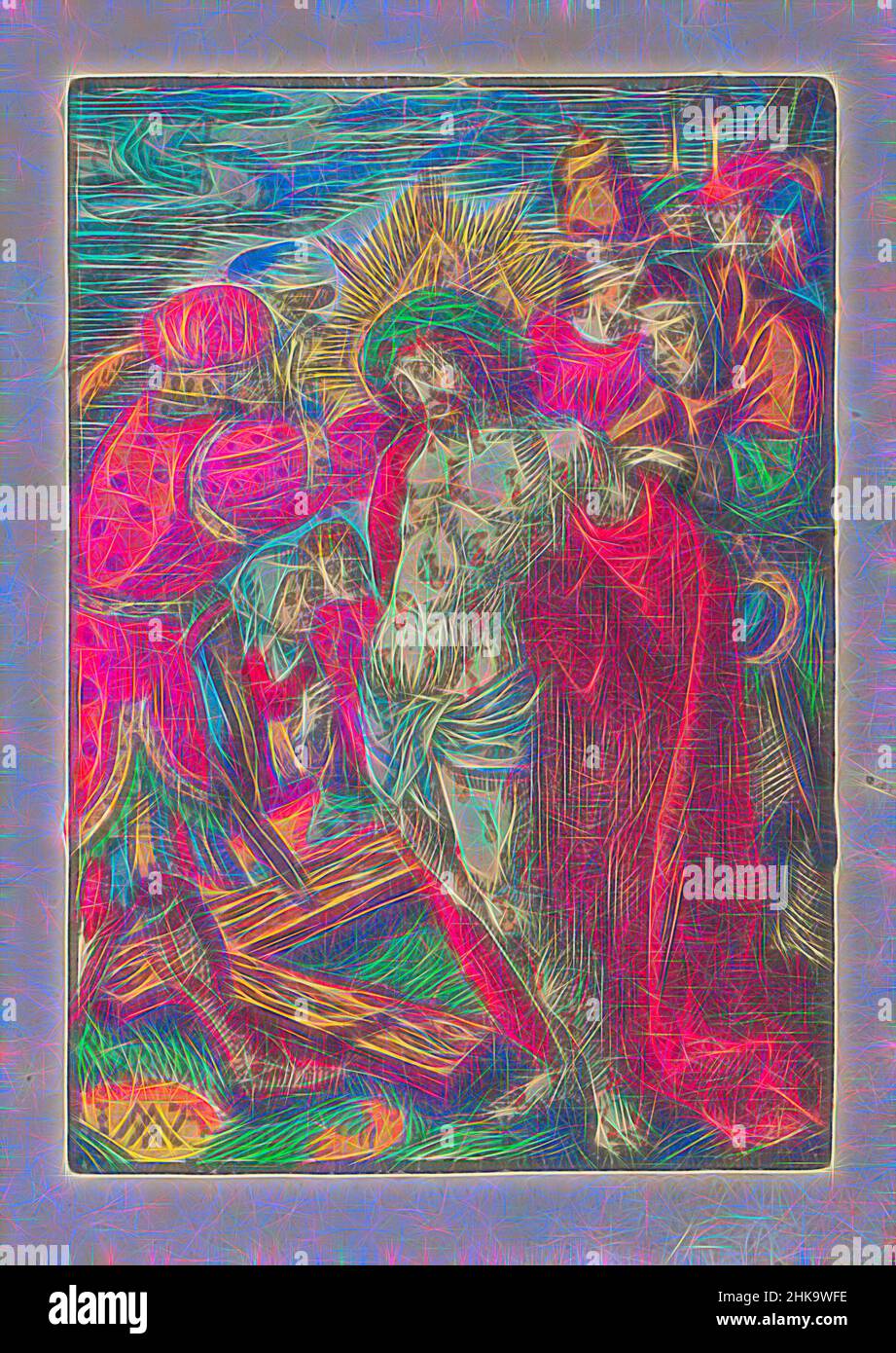 Inspiré par le Christ est retiré de son manteau, la petite passion, la passion stupide, le Christ se tient à la croix avec la couronne d'épines sur sa tête. La croix est prête. Un homme tire le manteau du Christ. Un autre homme frappe Christ. Mary et John regardent. L'impression fait partie d'un livre., imprimeur: Jacob, réimaginé par Artotop. L'art classique réinventé avec une touche moderne. Conception de lumière chaleureuse et gaie, de luminosité et de rayonnement de lumière. La photographie s'inspire du surréalisme et du futurisme, embrassant l'énergie dynamique de la technologie moderne, du mouvement, de la vitesse et révolutionne la culture Banque D'Images