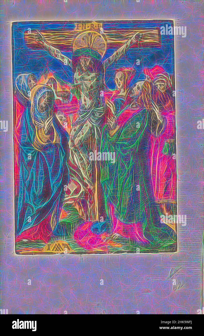 Inspiré par le Christ sur la croix entre Marie et Jean, la petite passion, la passion stupide, le Christ accroché à la croix. Mary et John se tiennent de chaque côté de la croix. L'imprimé fait partie d'un livre., imprimeur: Jacob Cornelisz van Oostsanen, éditeur: Doen Pietersz., Amsterdam, 1520 - 1521 et/ou c, réimaginé par Artotop. L'art classique réinventé avec une touche moderne. Conception de lumière chaleureuse et gaie, de luminosité et de rayonnement de lumière. La photographie s'inspire du surréalisme et du futurisme, embrassant l'énergie dynamique de la technologie moderne, du mouvement, de la vitesse et révolutionne la culture Banque D'Images
